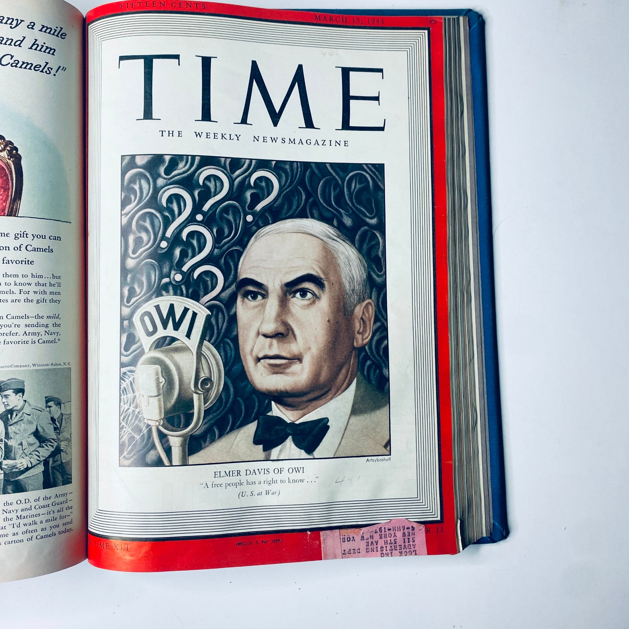 Cover of Time Magazine from March 15, 1943 presenting Elmer Davis, Director of the Office of War Information, with the title 'ELMER DAVIS OF OWI' - part of Time Magazine Library Bound Weekly January 5, 1943 - March 29, 1943.