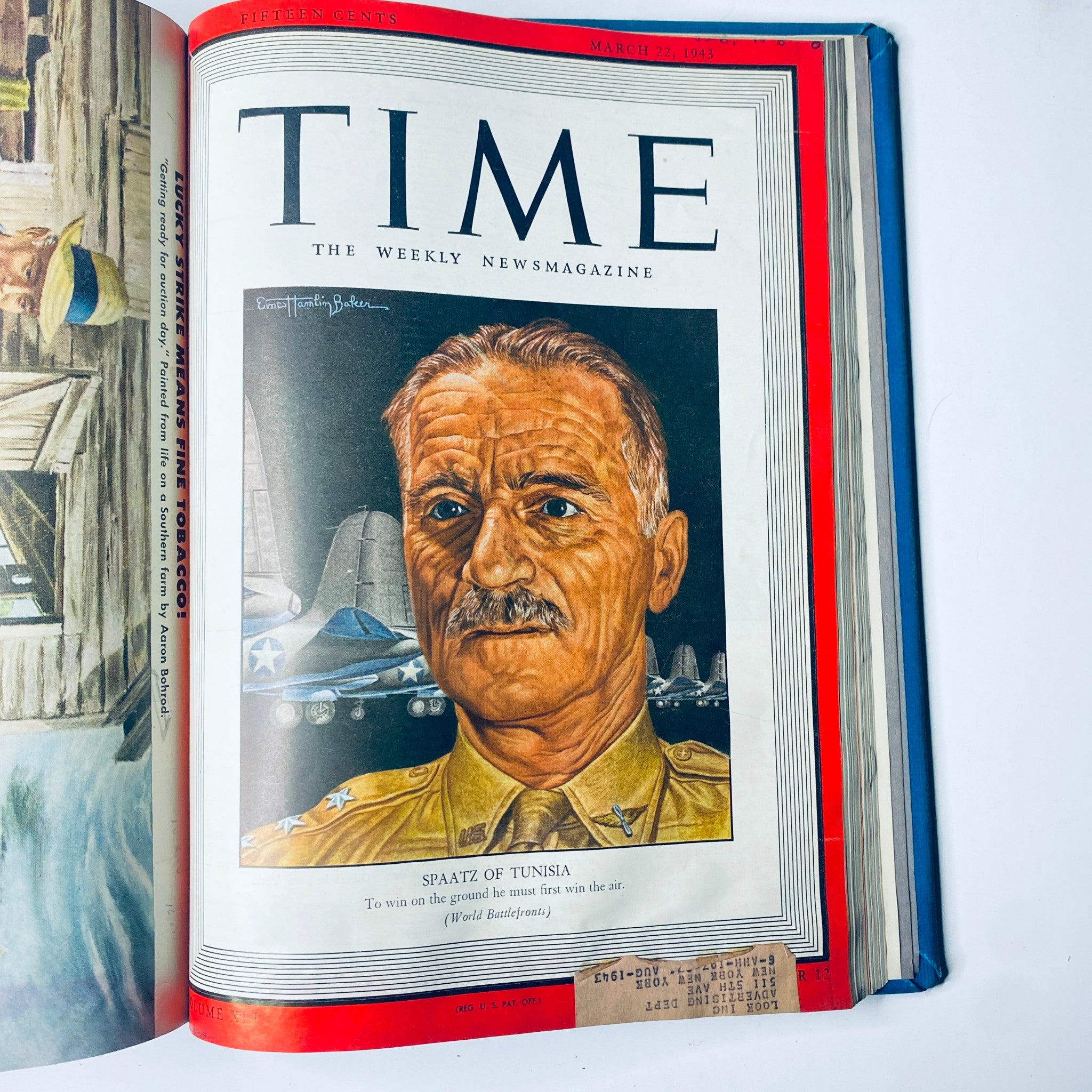 Cover of Time Magazine from March 22, 1943 featuring General Carl Spaatz, Commander in Tunisia, with the title 'SPAATZ OF TUNISIA' - part of Time Magazine Library Bound Weekly January 5, 1943 - March 29, 1943.