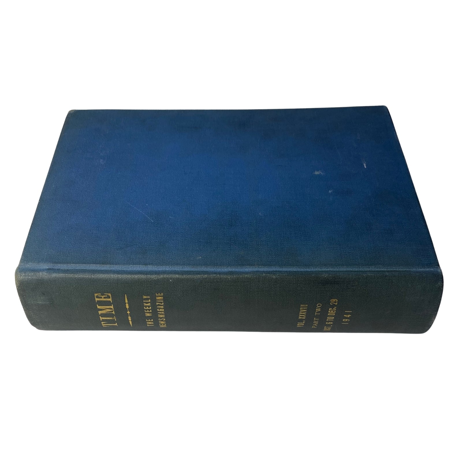 Time Magazine Library Bound Weekly Edition from October 6 to December 22, 1941 - side view of the bound volume displaying the title on the spine.