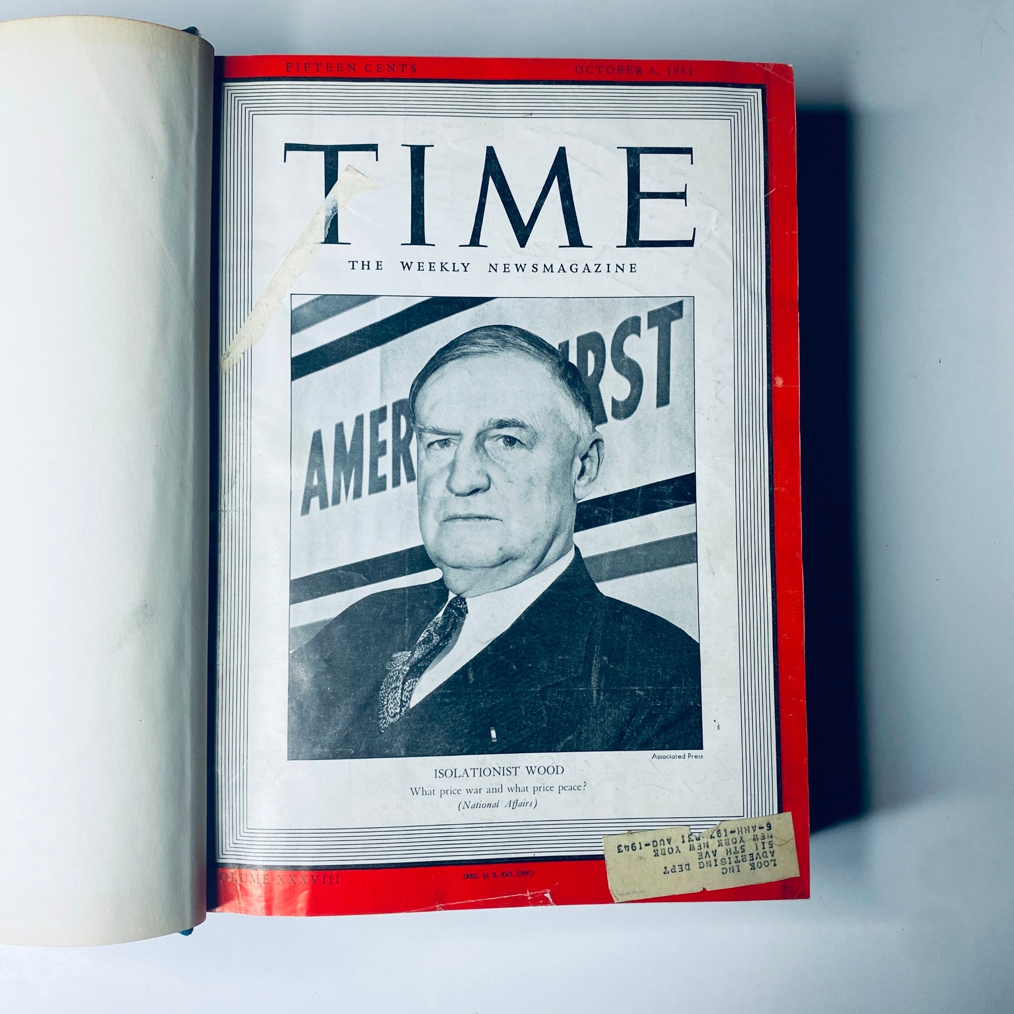 Time Magazine cover from October 6, 1941, featuring Isolationist William R. Wood, part of the Time Magazine Library Bound Weekly collection.