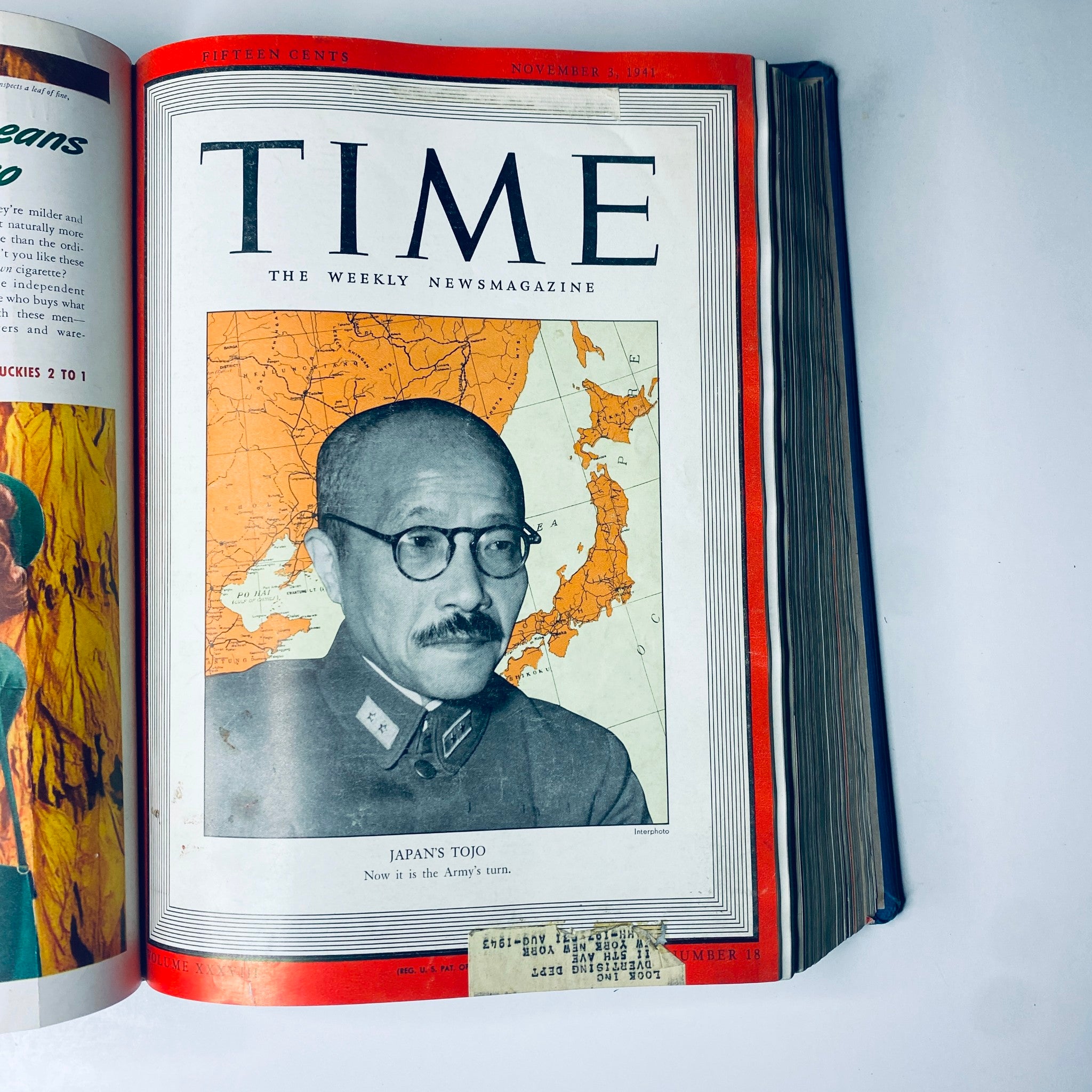 Time Magazine cover from November 3, 1941, highlighting General Hideki Tojo of Japan, from the Time Magazine Library Bound Weekly volume.