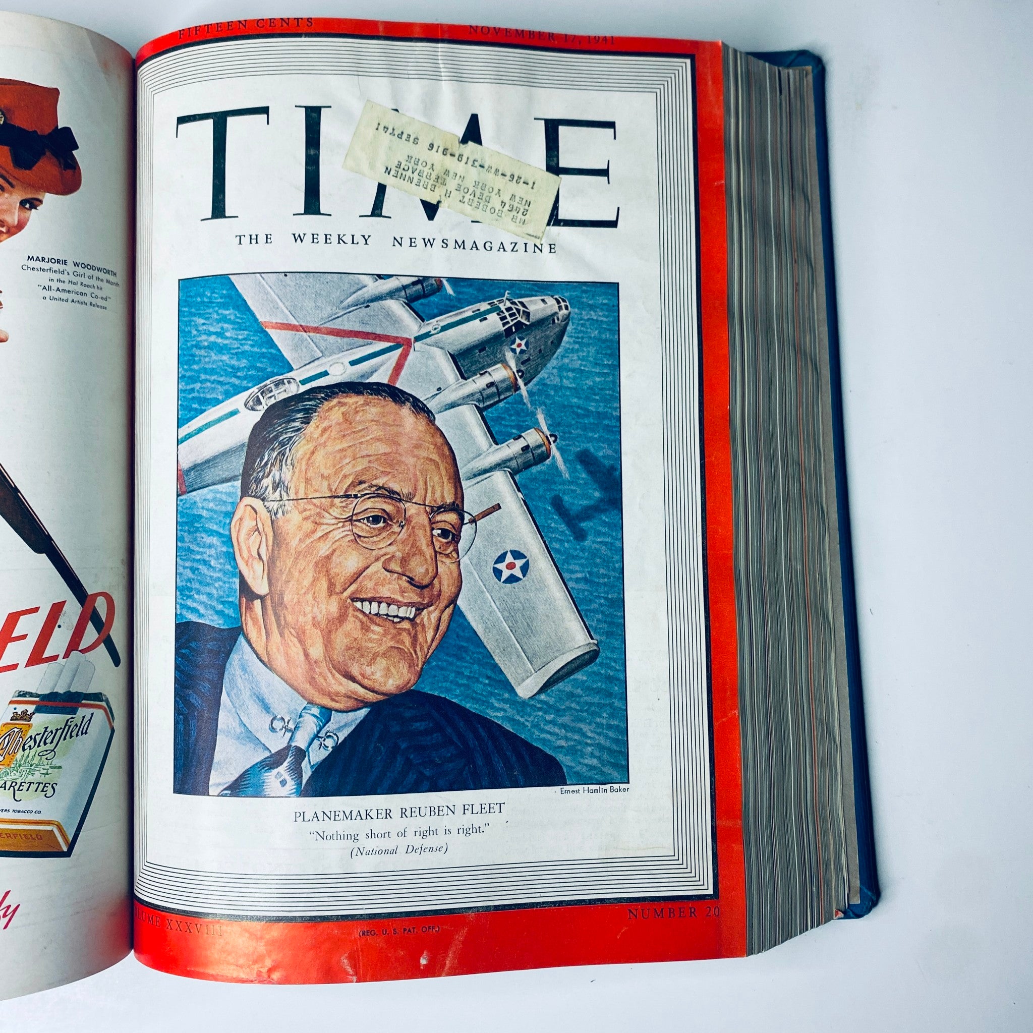 Cover of Time Magazine dated November 17, 1941 depicting Reuben Fleet, a notable planemaker, with an airplane highlighting his contributions to national defense.