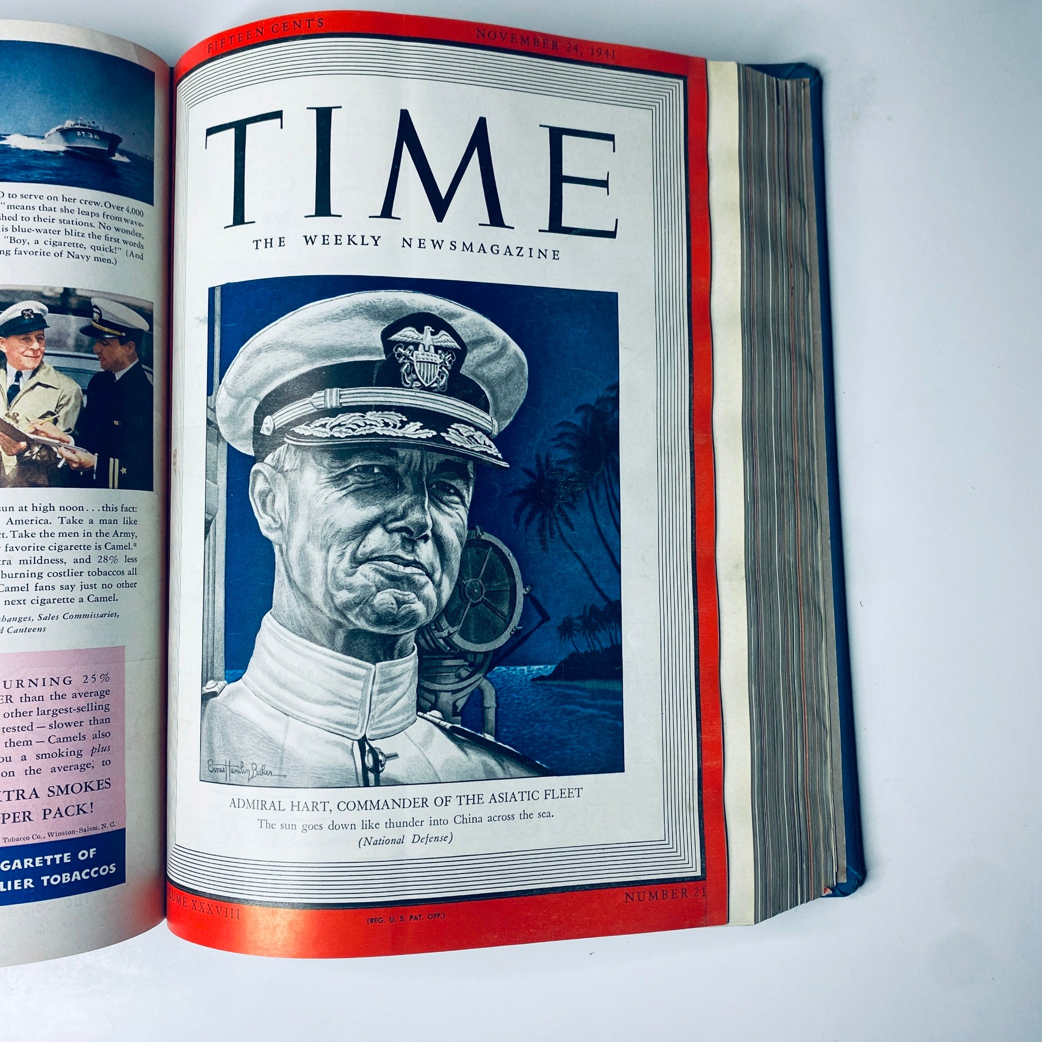 Cover of Time Magazine dated November 24, 1941 featuring Admiral Thomas C. Hart, Commander of the Asiatic Fleet, illustrating his role in national defense.