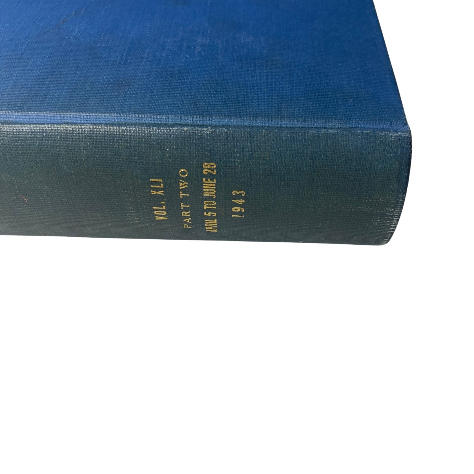 Side view of the blue hardcover of Time Library Bound Weekly Magazine part two, covering April 5 to June 28, 1943.