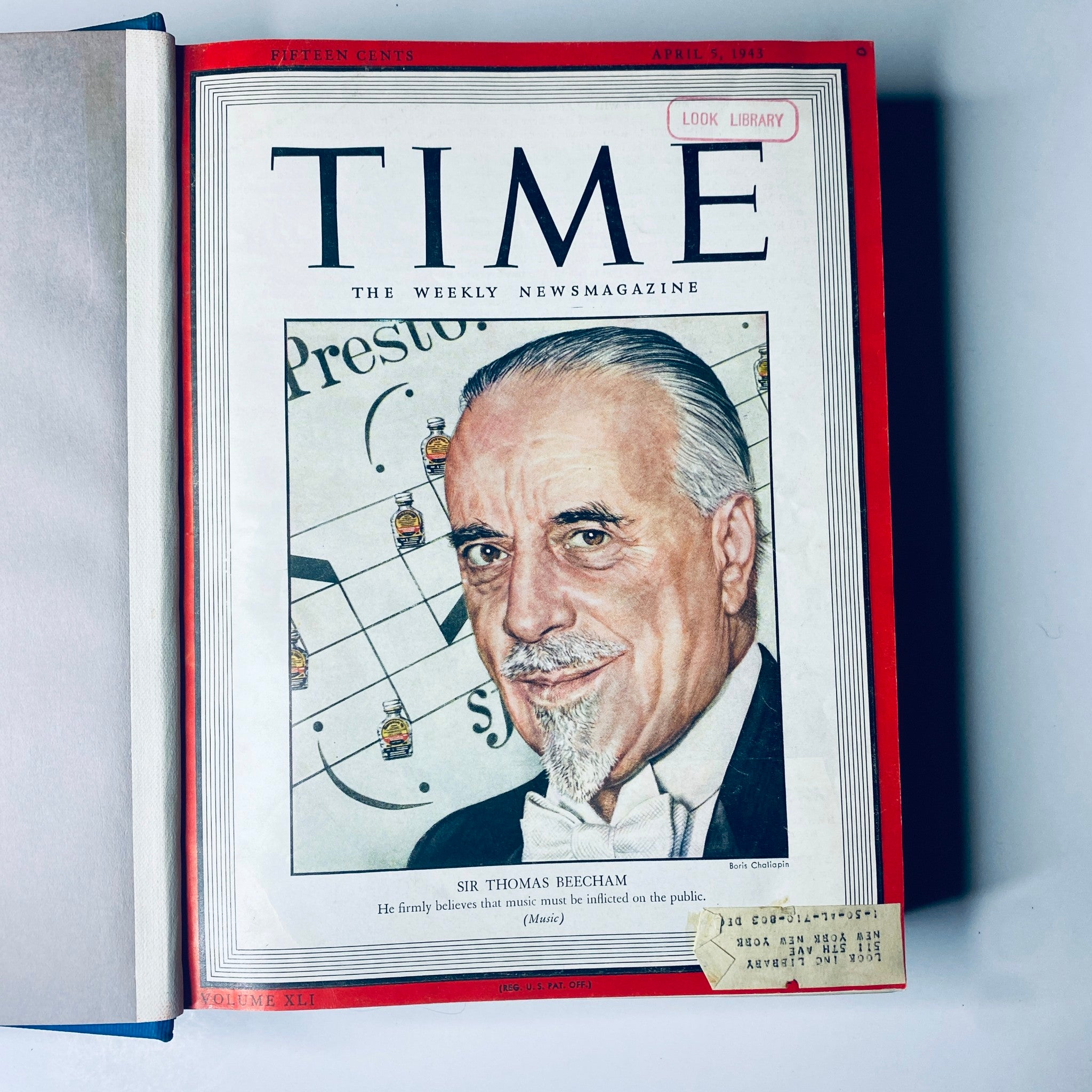 Cover of Time Magazine dated April 5, 1943, featuring Sir Thomas Beecham with a music theme, from the Library Bound Weekly edition.