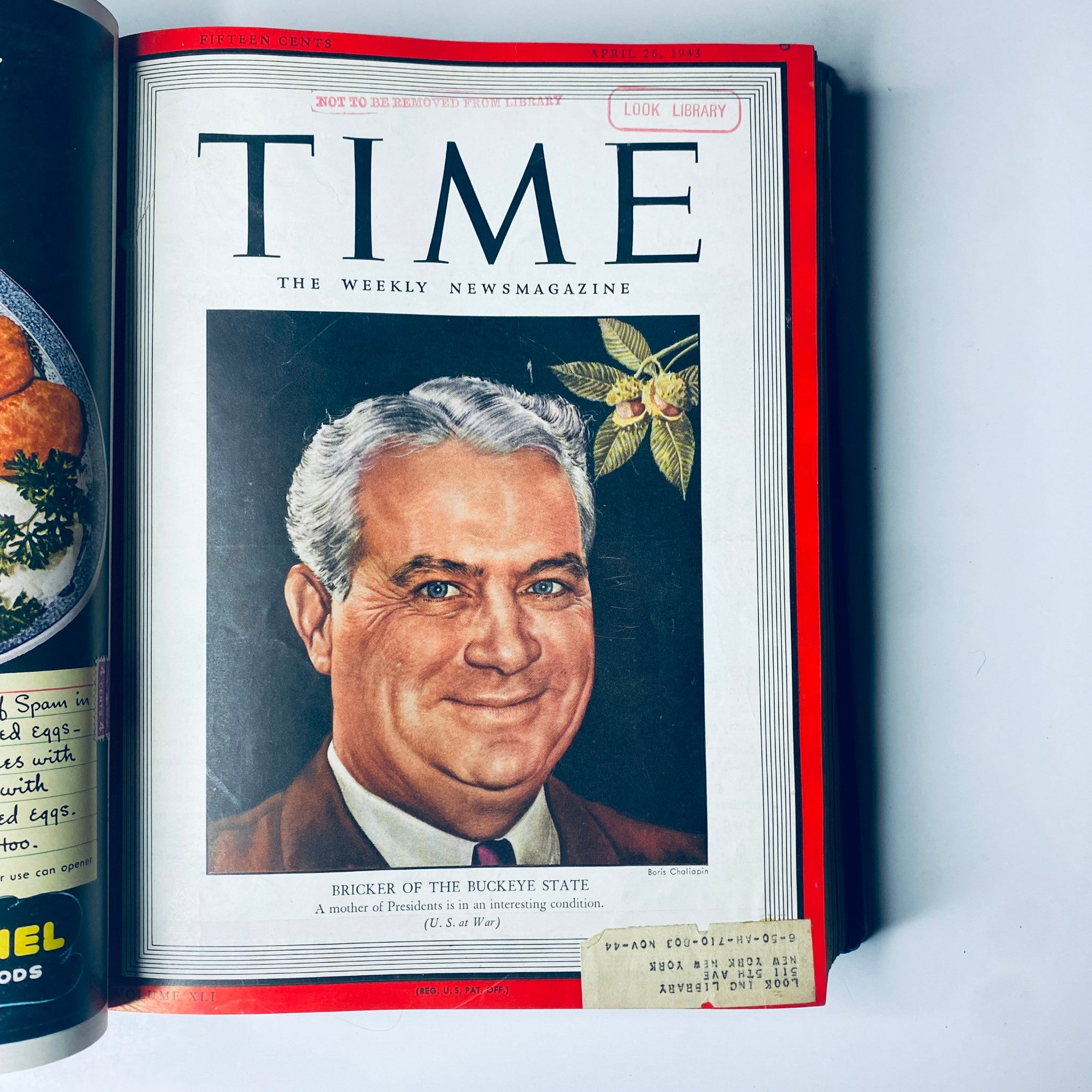 Cover of Time Magazine dated April 26, 1943, featuring John W. Bricker, showcasing political leaders during wartime in the Library Bound Weekly.