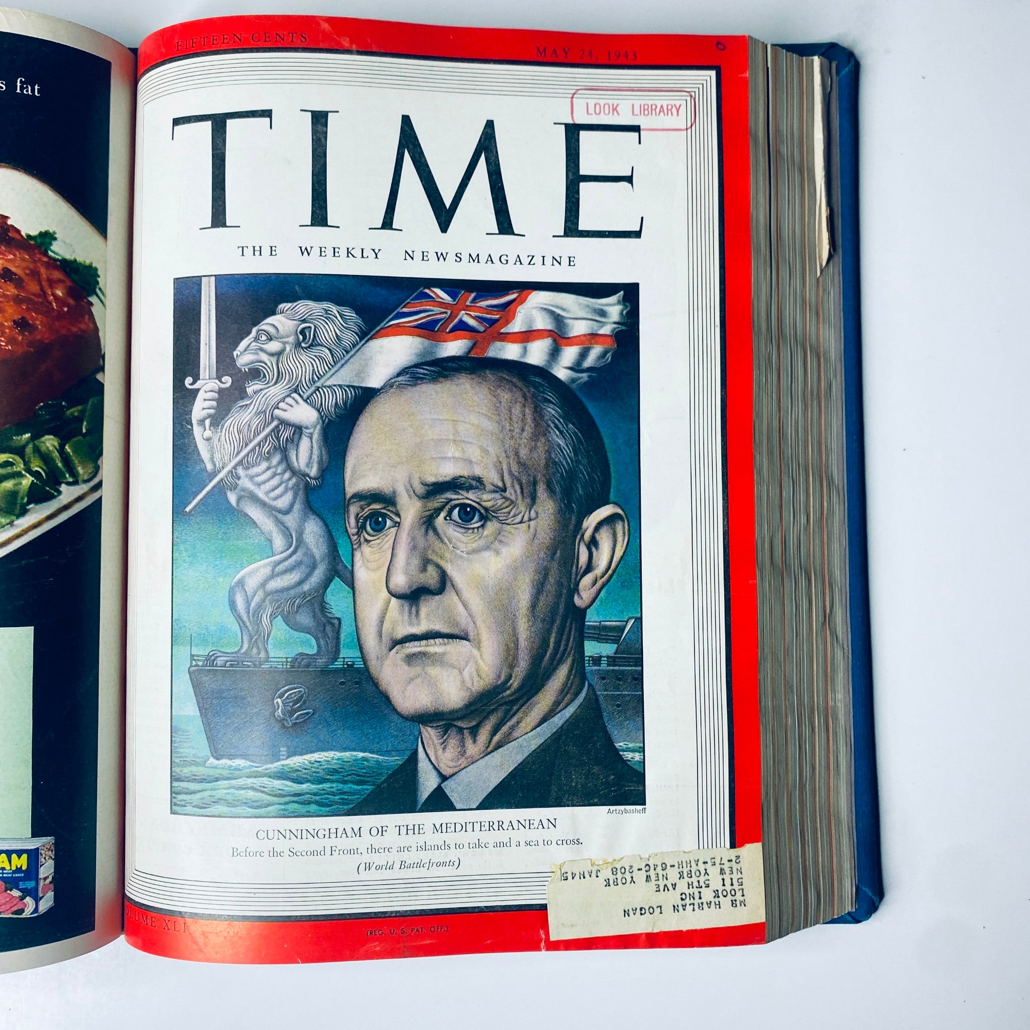 Time Magazine Library Bound Weekly April 5, 1943 - June 28, 1943 highlighting Admiral Andrew Cunningham on the cover, emphasizing his command of the Mediterranean Fleet and naval operations during World War II.