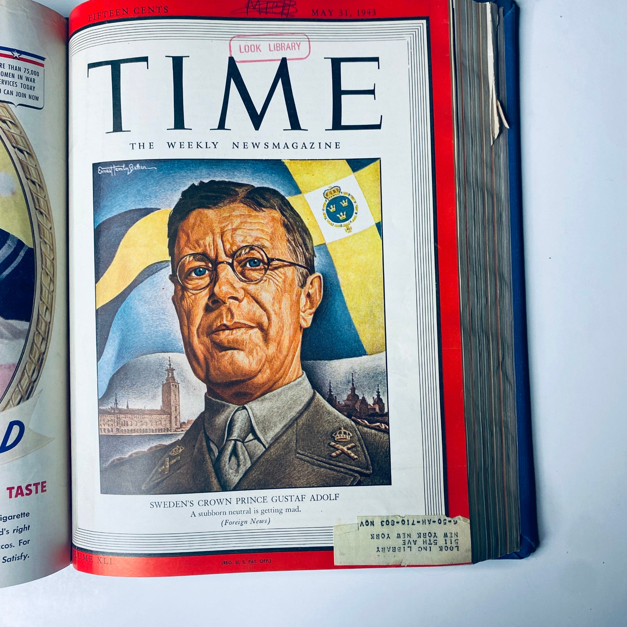 Time Magazine Library Bound Weekly April 5, 1943 - June 28, 1943 featuring Crown Prince Gustaf Adolf of Sweden on the cover, depicting his leadership contrasts during World War II amidst wartime neutral policies.