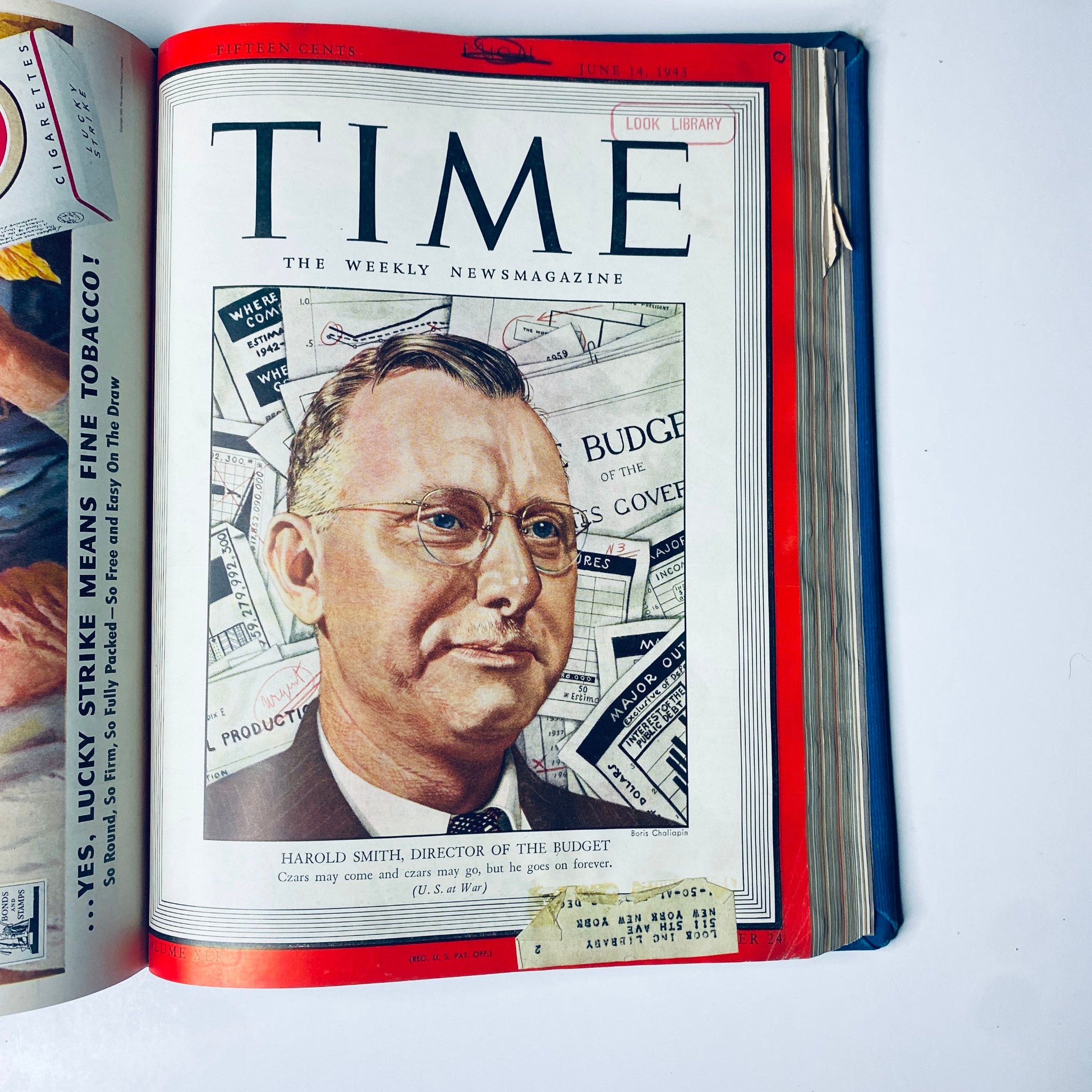 Cover of Time Magazine from June 14, 1943, featuring Harold Smith, Director of the Budget, with a profile illustration. Time Library Bound Weekly Magazine – April 5 to June 28, 1943.