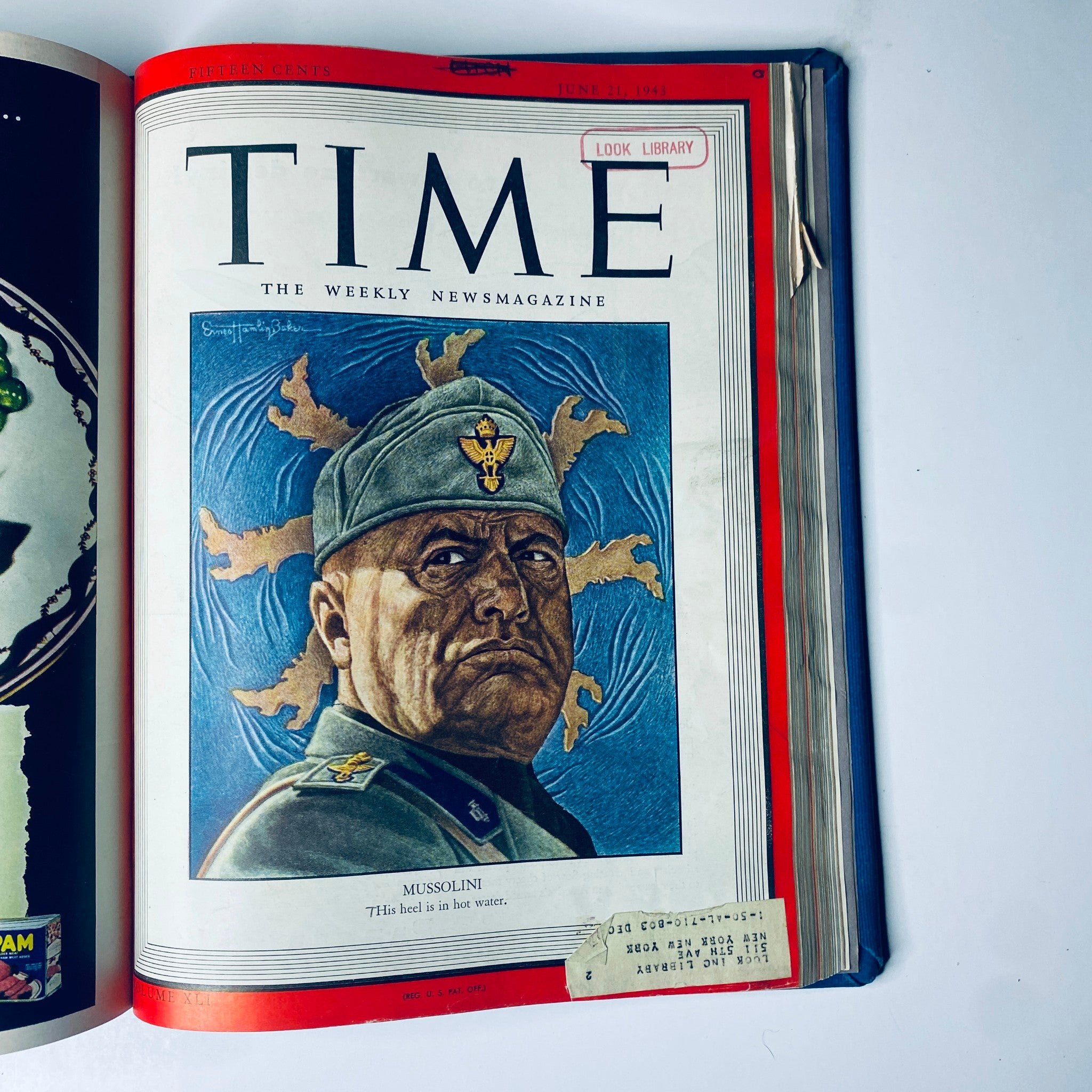 Cover of Time Magazine from June 21, 1943, featuring Mussolini with a stern look against a colorful background. Time Library Bound Weekly Magazine – April 5 to June 28, 1943.