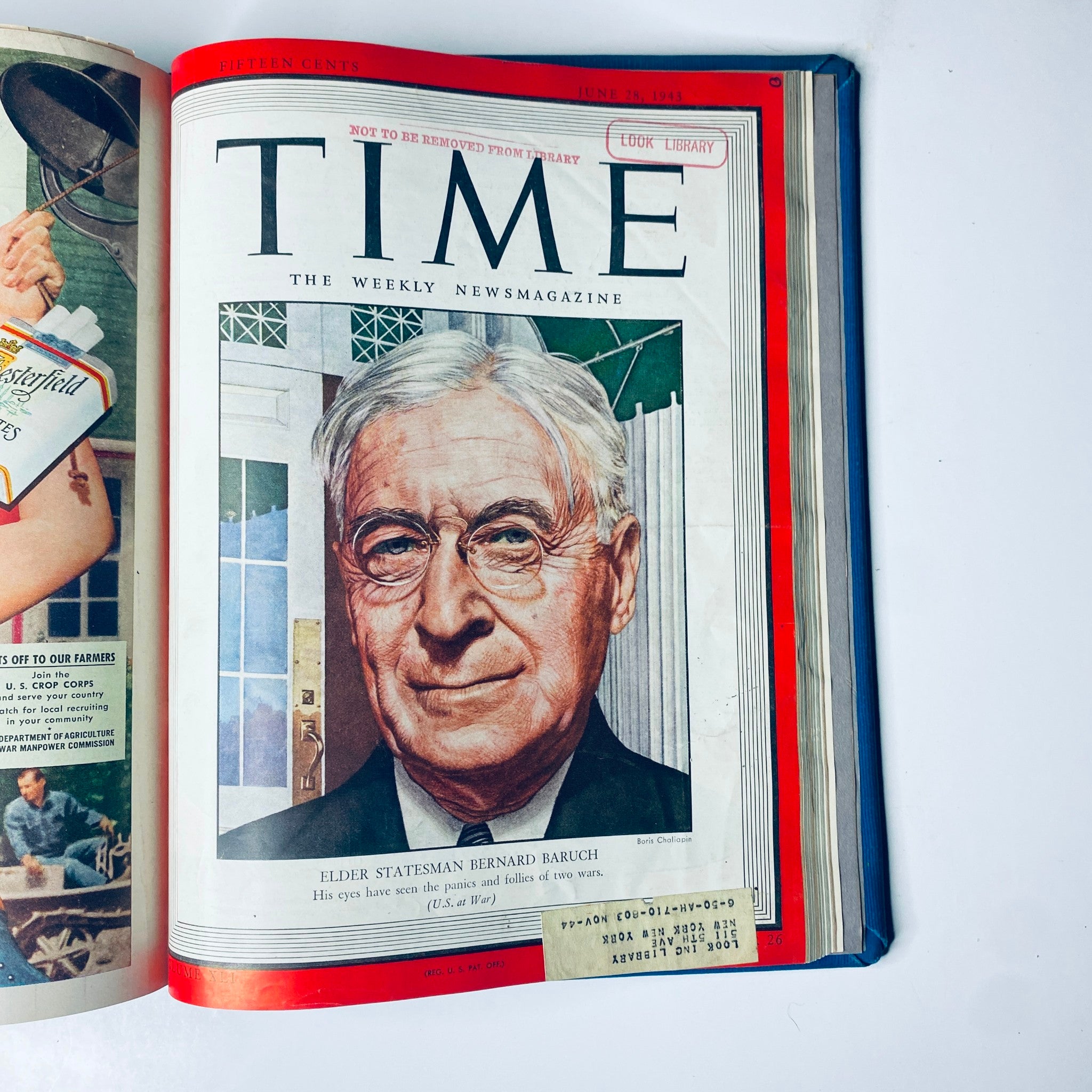 Cover of Time Magazine from June 28, 1943, featuring Elder Statesman Bernard Baruch with a thoughtful expression and a background of columns. Time Library Bound Weekly Magazine – April 5 to June 28, 1943.