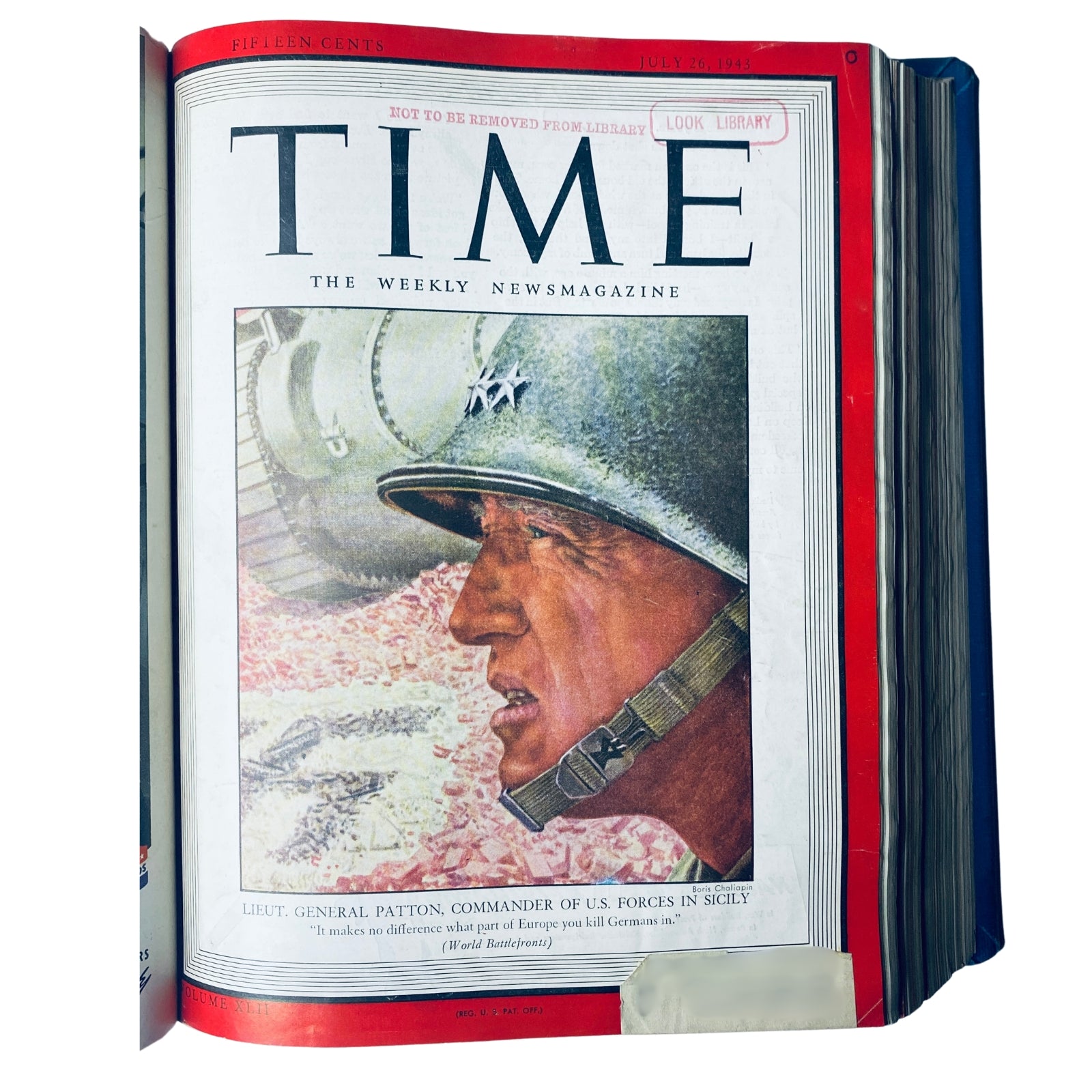Cover of Time Library Bound Weekly Magazine for July 26, 1943, featuring Lieutenant General Patton, Commander of U.S. Forces in Sicily.