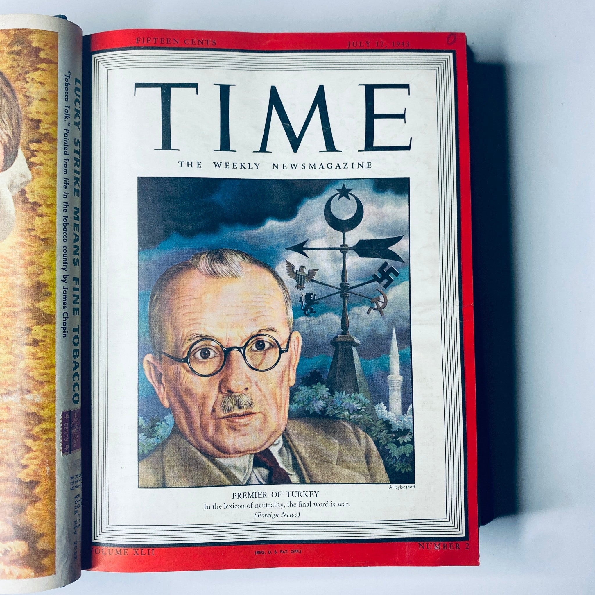 Cover of Time Magazine from July 12, 1943, showcasing the portrait of Premier Şükrü Saracoğlu of Turkey, highlighting wartime political figures.