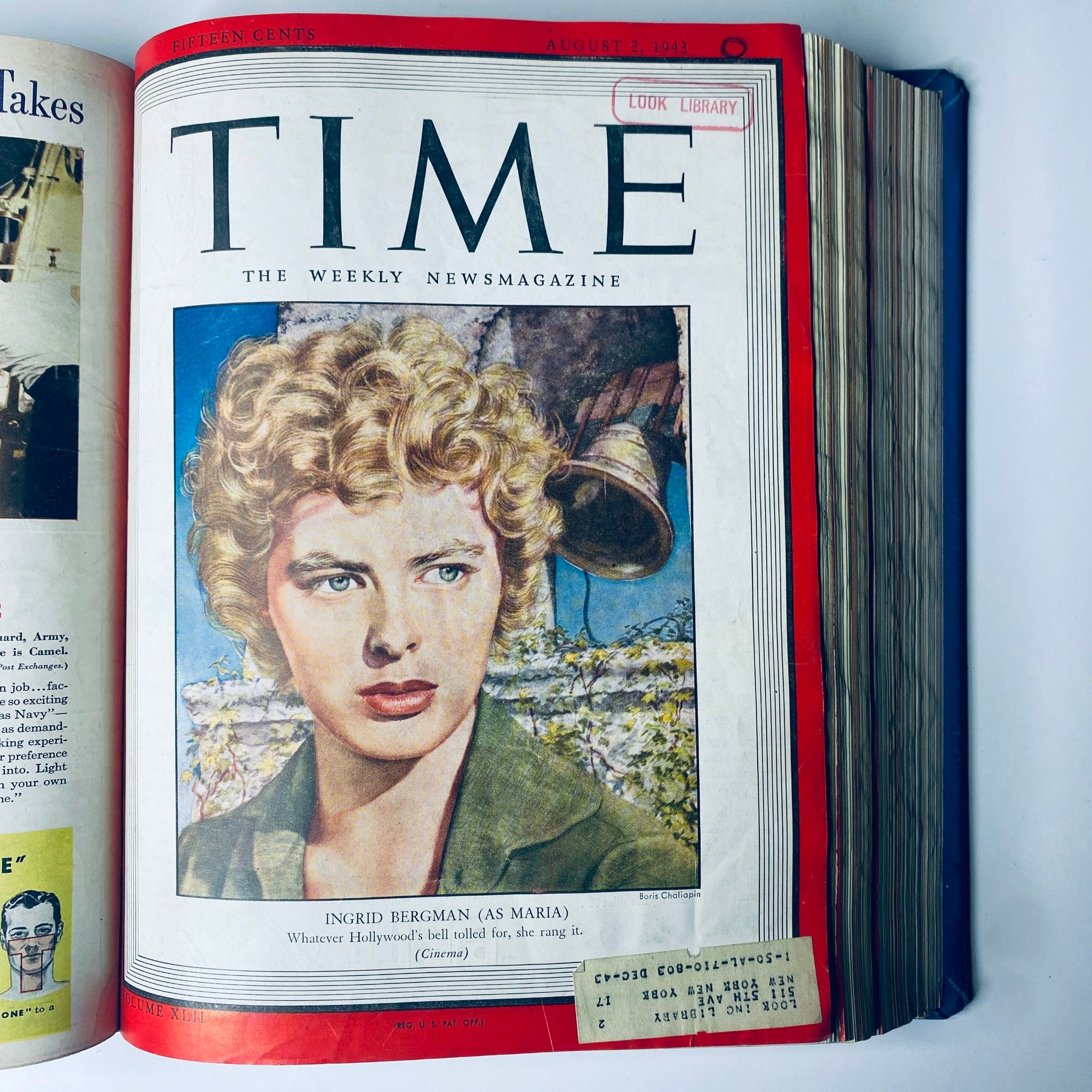 Cover of 'Time Magazine' dated August 2, 1943, featuring actress Ingrid Bergman as Maria, highlighting Hollywood during World War II.