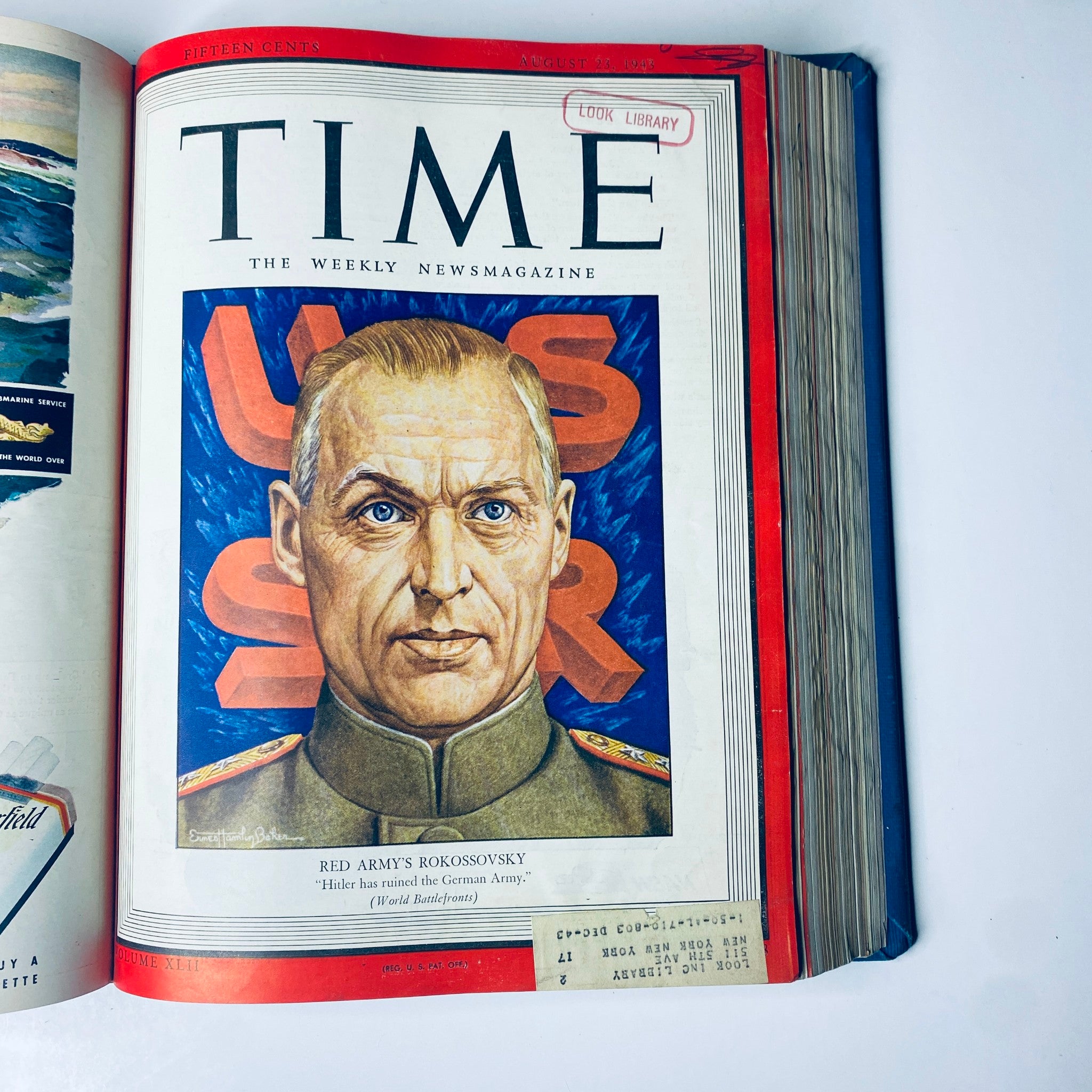Cover of 'Time Magazine' dated August 23, 1943, featuring Marshal Konstantin Rokossovsky of the Red Army, discussing the military strategies of World War II.