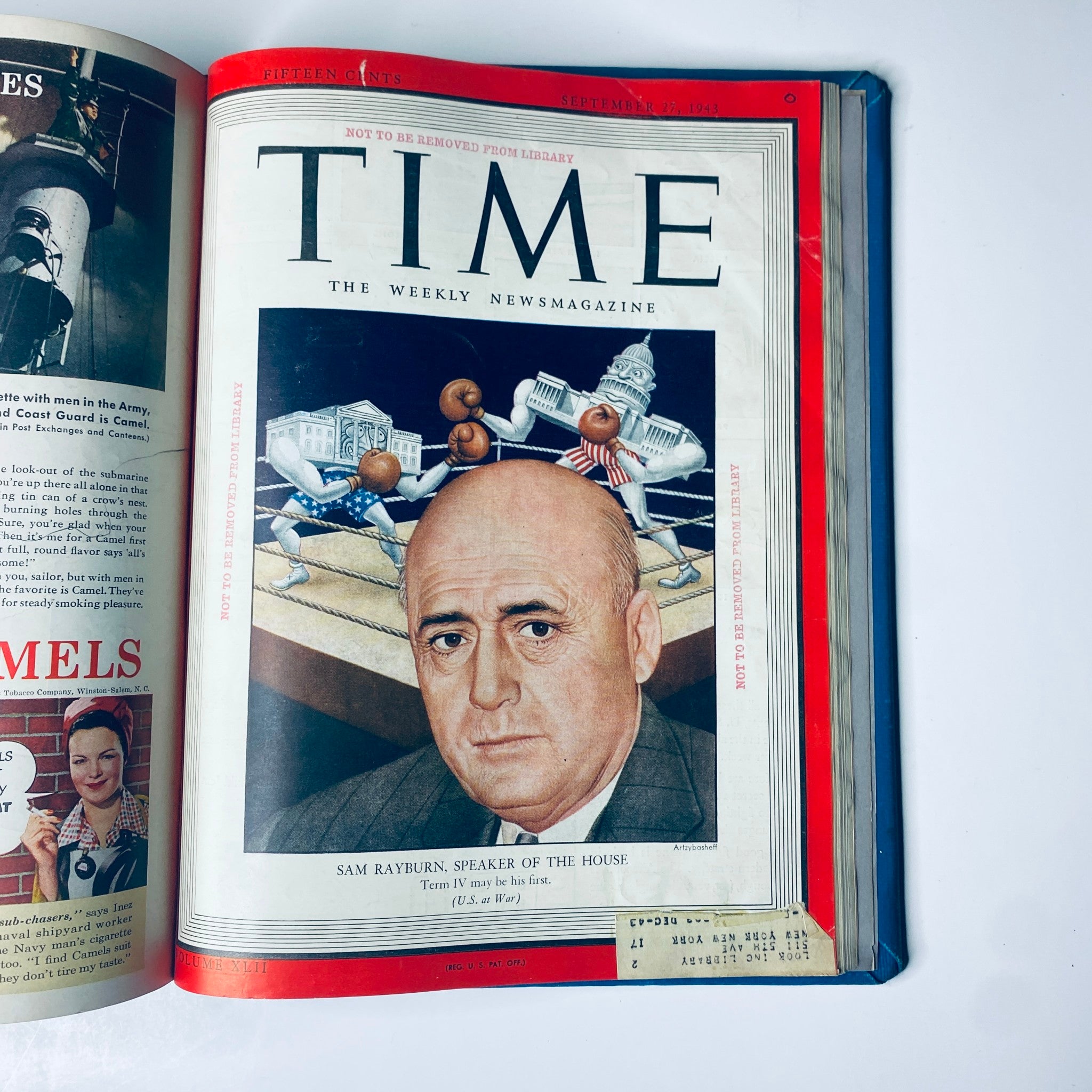 Cover of Time Magazine Library Bound Weekly July 5, 1943 - September 27, 1943 featuring Speaker of the House Sam Rayburn, discussing political leadership during the war.