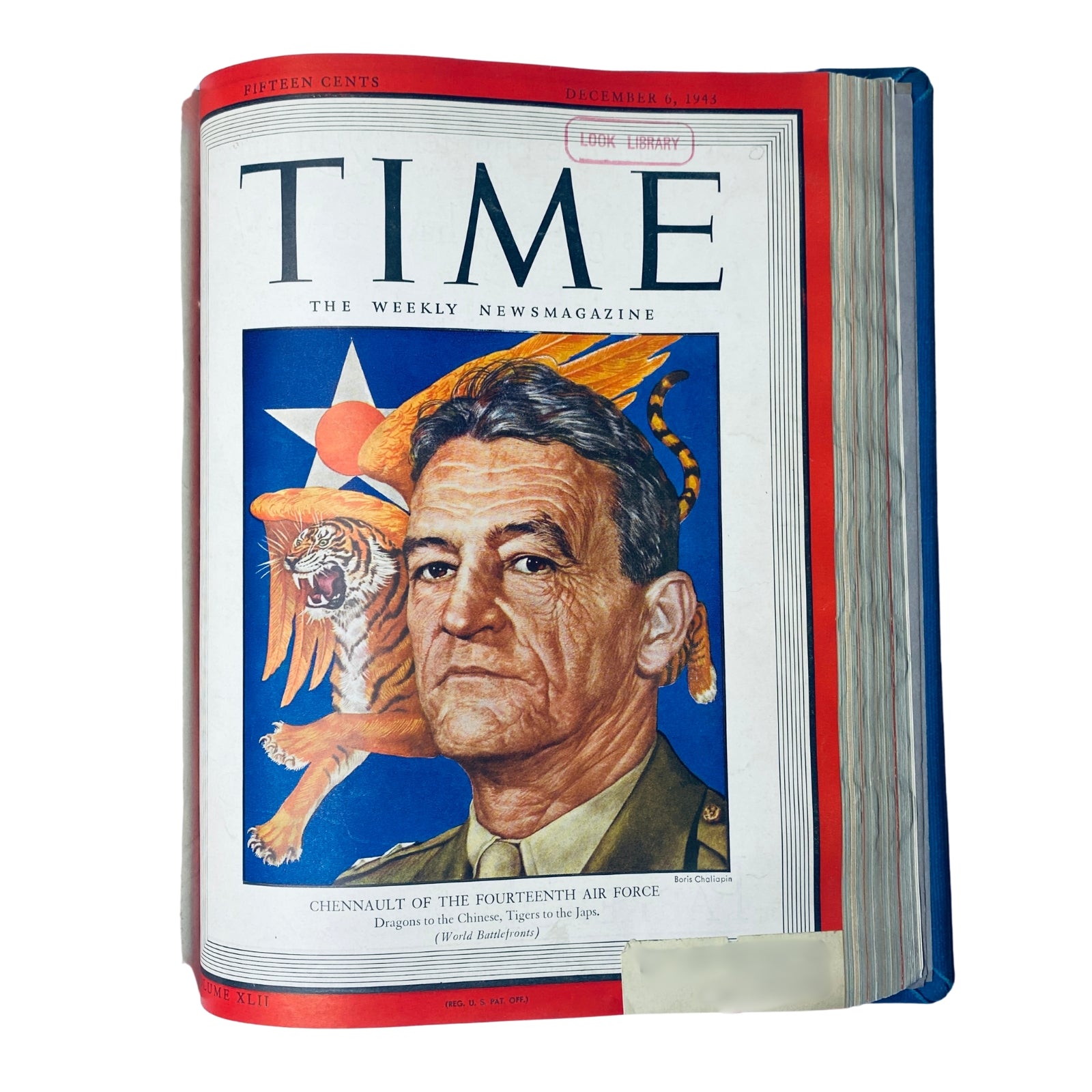 Cover of 'Time Magazine Library Bound Weekly' from December 6, 1945, featuring General Chennault of the Fourteenth Air Force with a tiger and colorful background. Title: Time Magazine Library Bound Weekly October 4, 1943 - December 27, 1943.