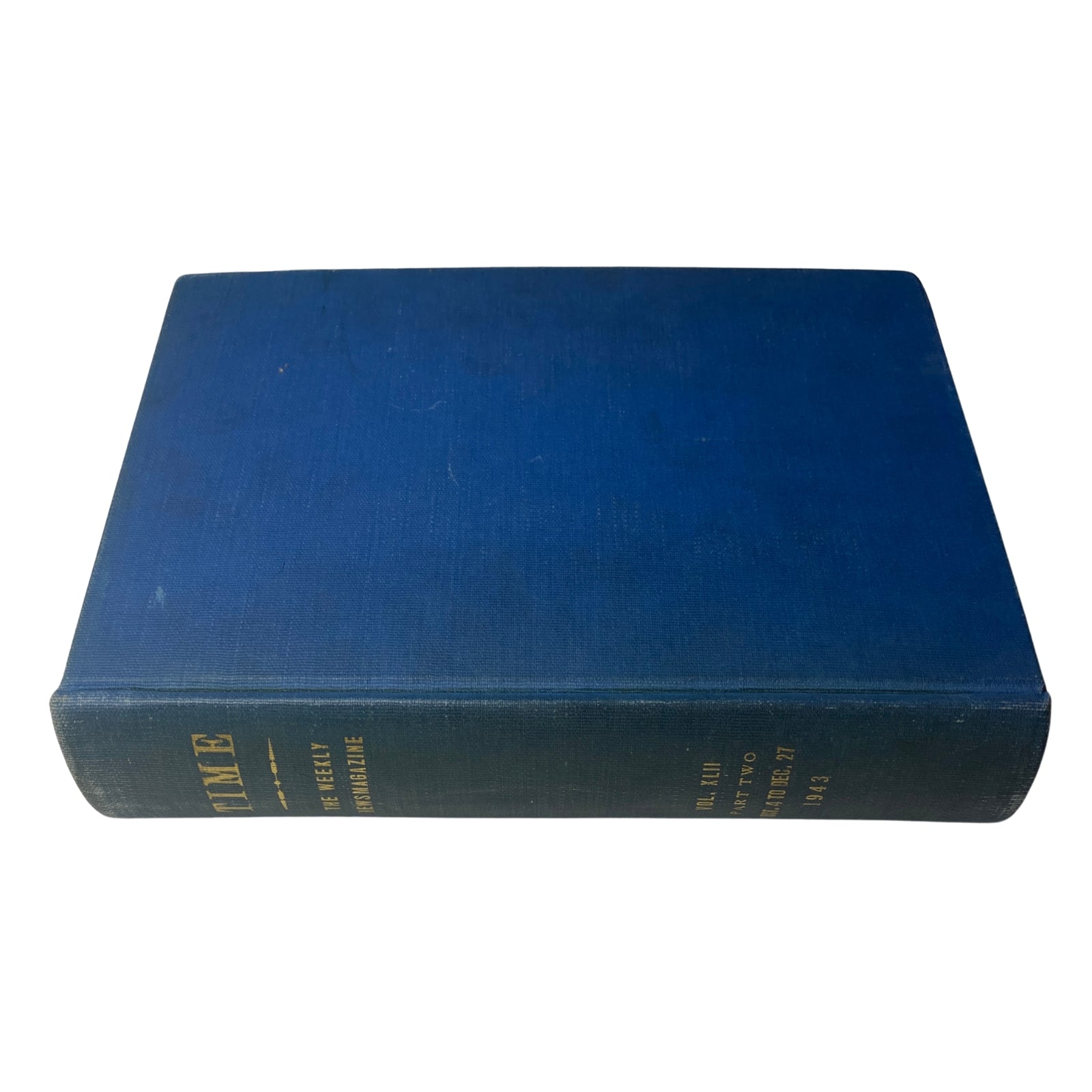 Spine view of the blue library bound volume of 'Time Magazine', indicating the years and volume details. Title: Time Magazine Library Bound Weekly October 4, 1943 - December 27, 1943.