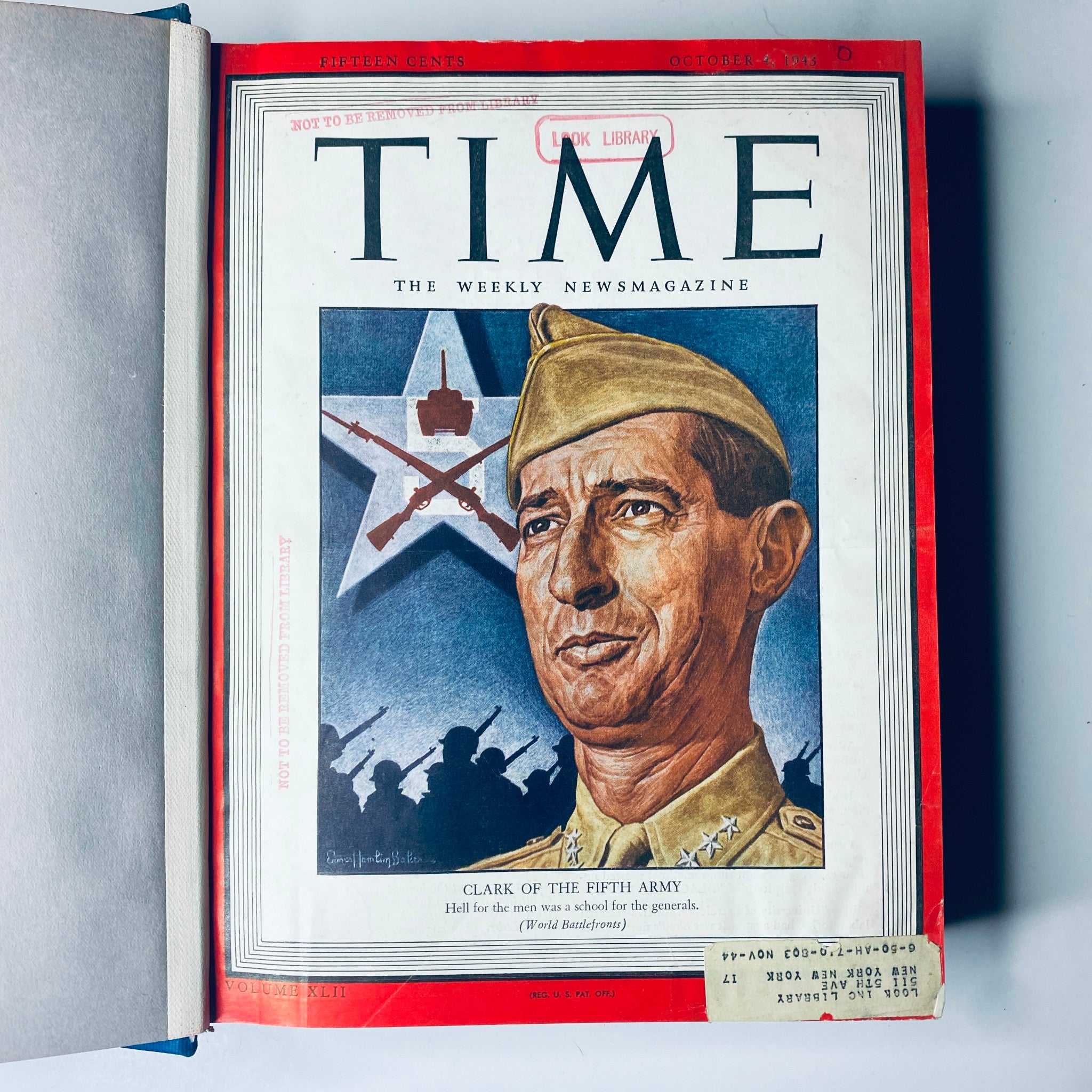 Time Magazine Library Bound Weekly October 4, 1943 - December 27, 1943 - Opened magazine with cover featuring General Mark W. Clark.