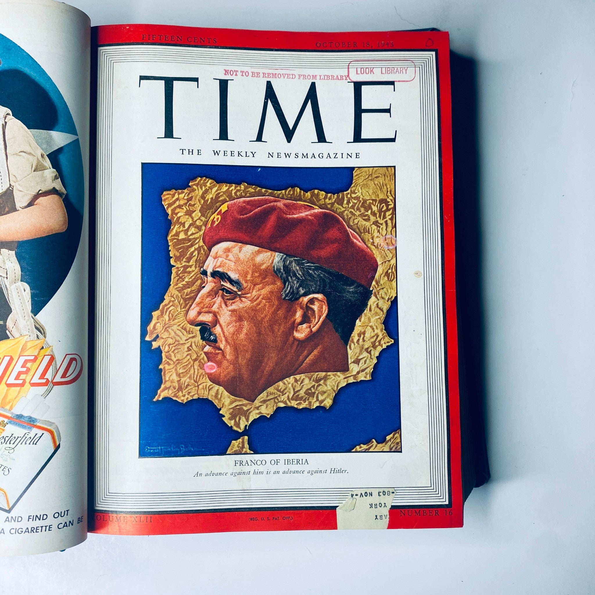 Cover of Time Magazine Library Bound Weekly for October 18, 1943, featuring Francisco Franco of Spain, illustrating a significant moment during World War II.
