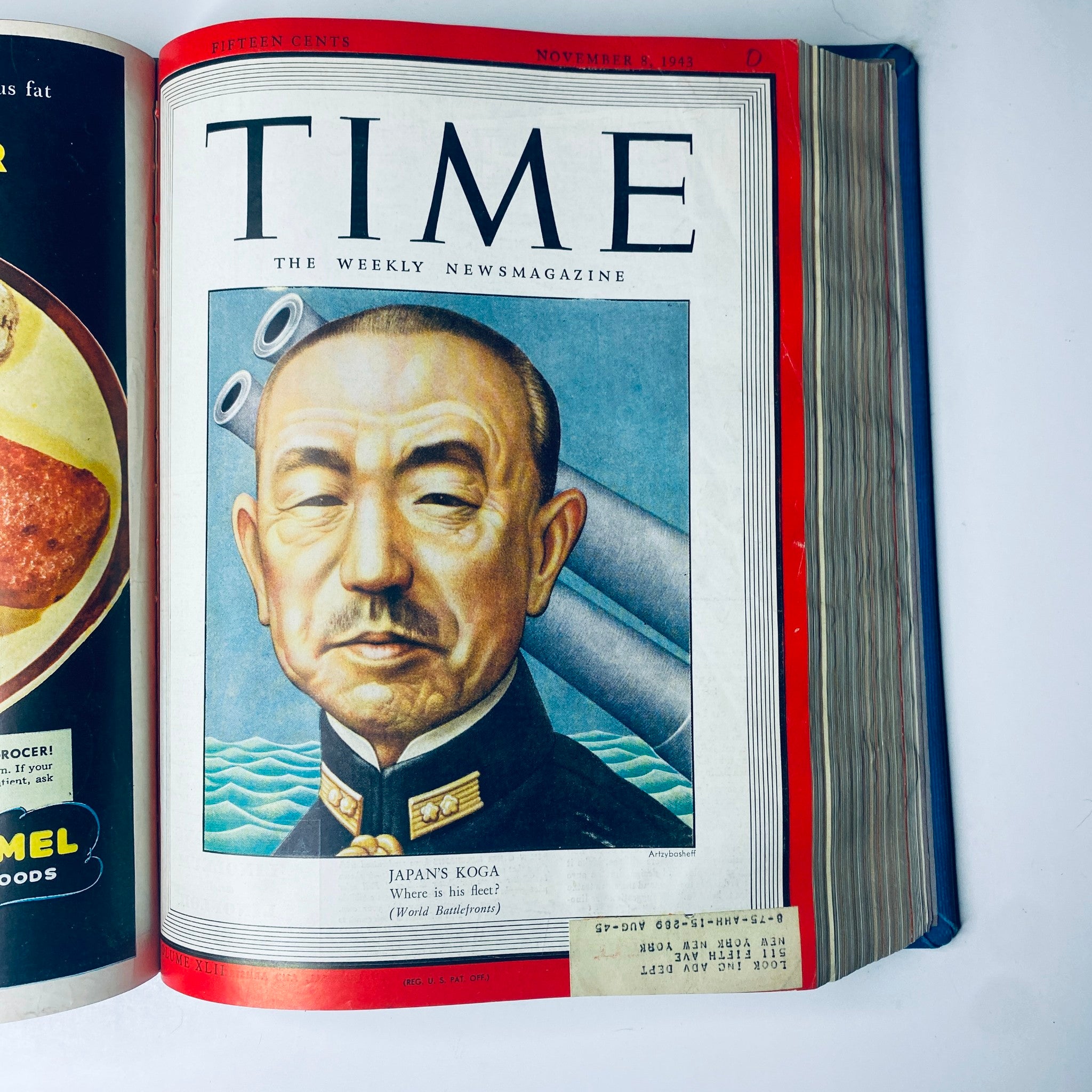 Cover of Time Magazine Library Bound Weekly for November 8, 1943, featuring Admiral Mineichi Koga of Japan, a key figure during the WWII era.