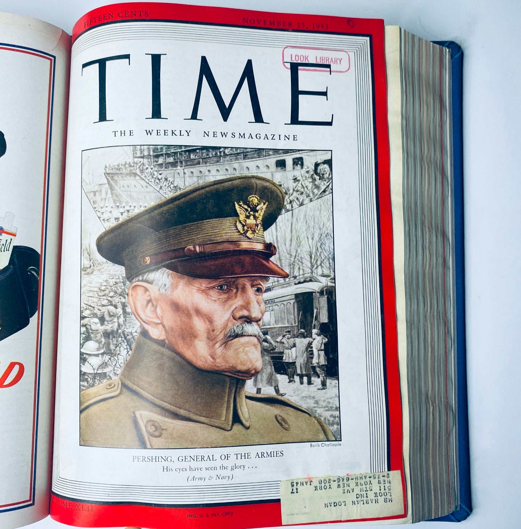 Cover of Time Magazine Library Bound Weekly for November 15, 1943, presenting General John J. Pershing, General of the Armies, in the context of World War II history.