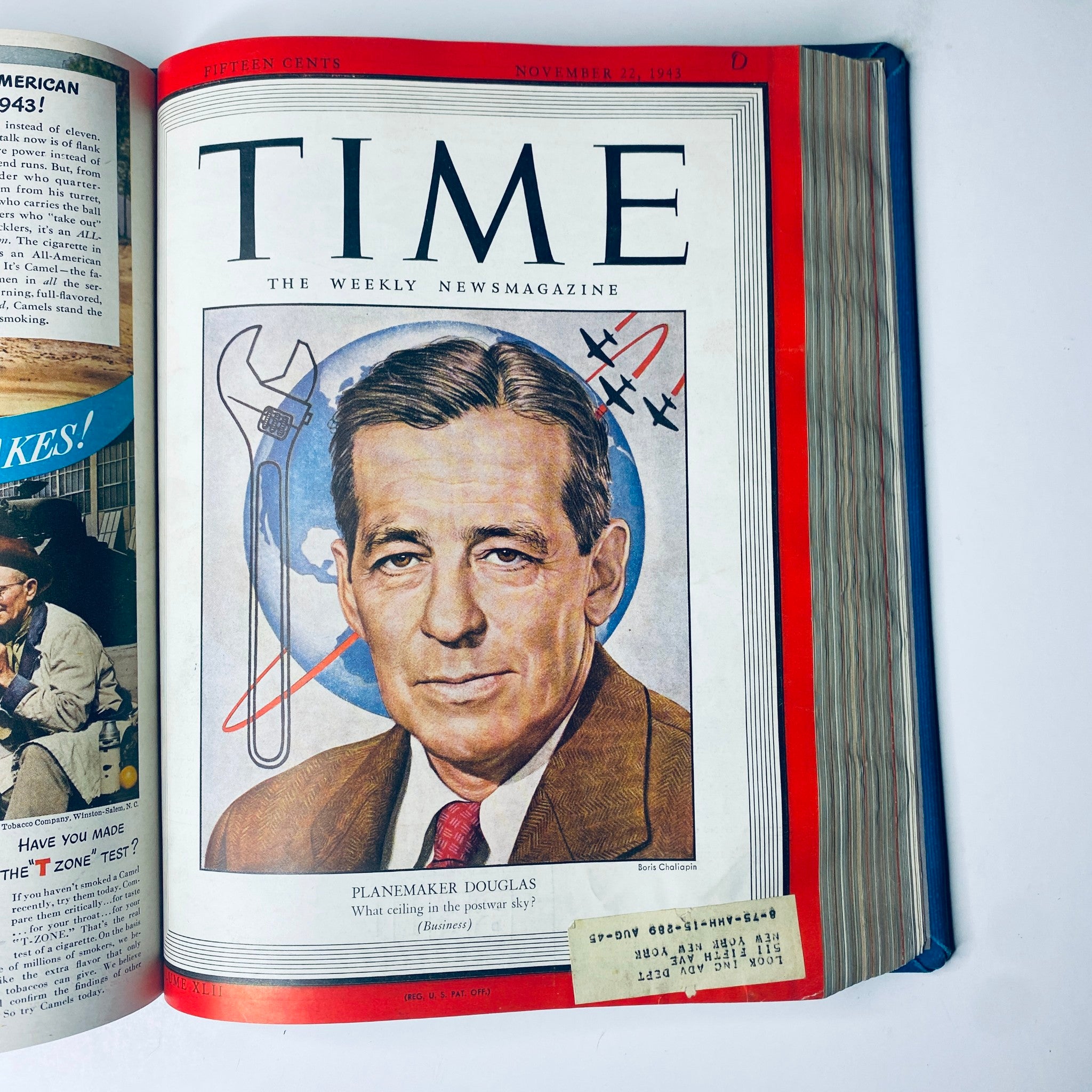 Cover of Time Magazine from November 22, 1943 featuring Planemaker Douglas. The magazine showcases a portrait of Douglas with an artistic design depicting aircraft in the background. Title: Time Magazine Library Bound Weekly October 4, 1943 - December 27, 1943.