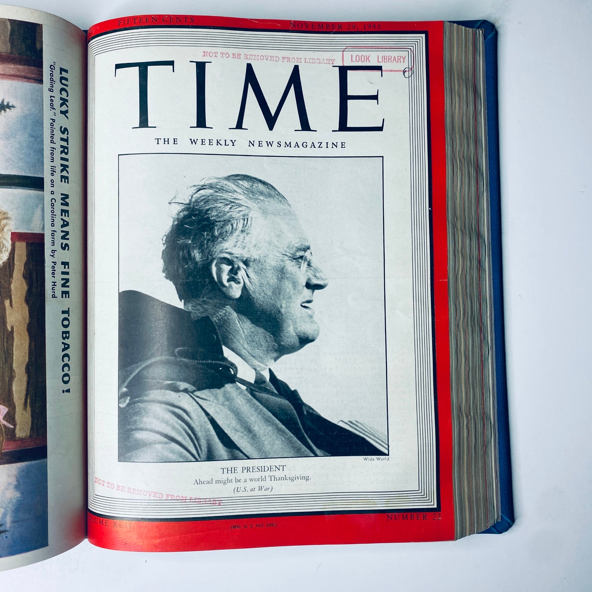 Cover of Time Magazine from November 29, 1943 highlighting President Franklin D. Roosevelt. The magazine features a profile portrait of Roosevelt along with a title caption. Title: Time Magazine Library Bound Weekly October 4, 1943 - December 27, 1943.