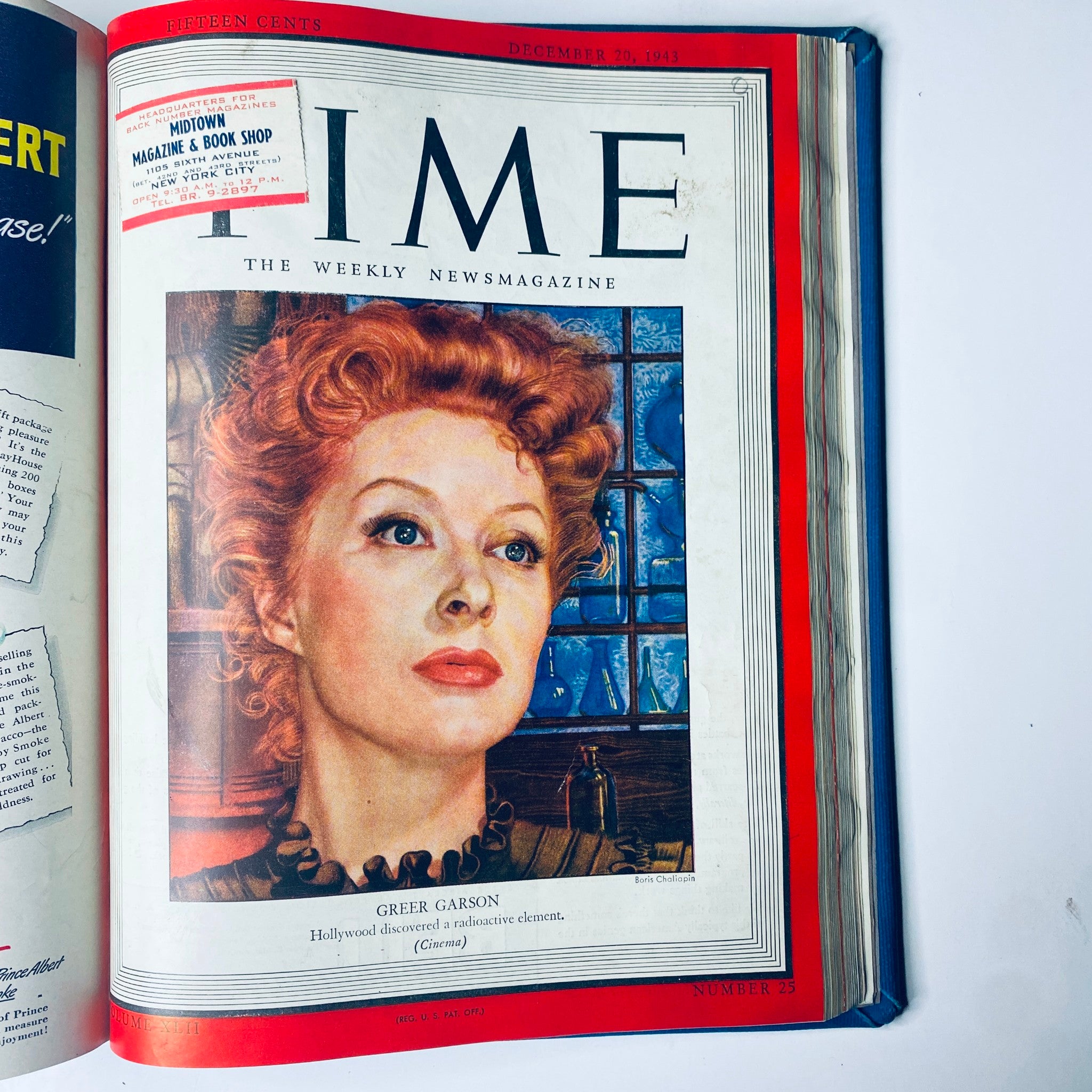 Cover of Time Magazine from December 20, 1943 featuring actress Greer Garson. The magazine displays a captivating image of Greer Garson with a historical context in its design. Title: Time Magazine Library Bound Weekly October 4, 1943 - December 27, 1943.
