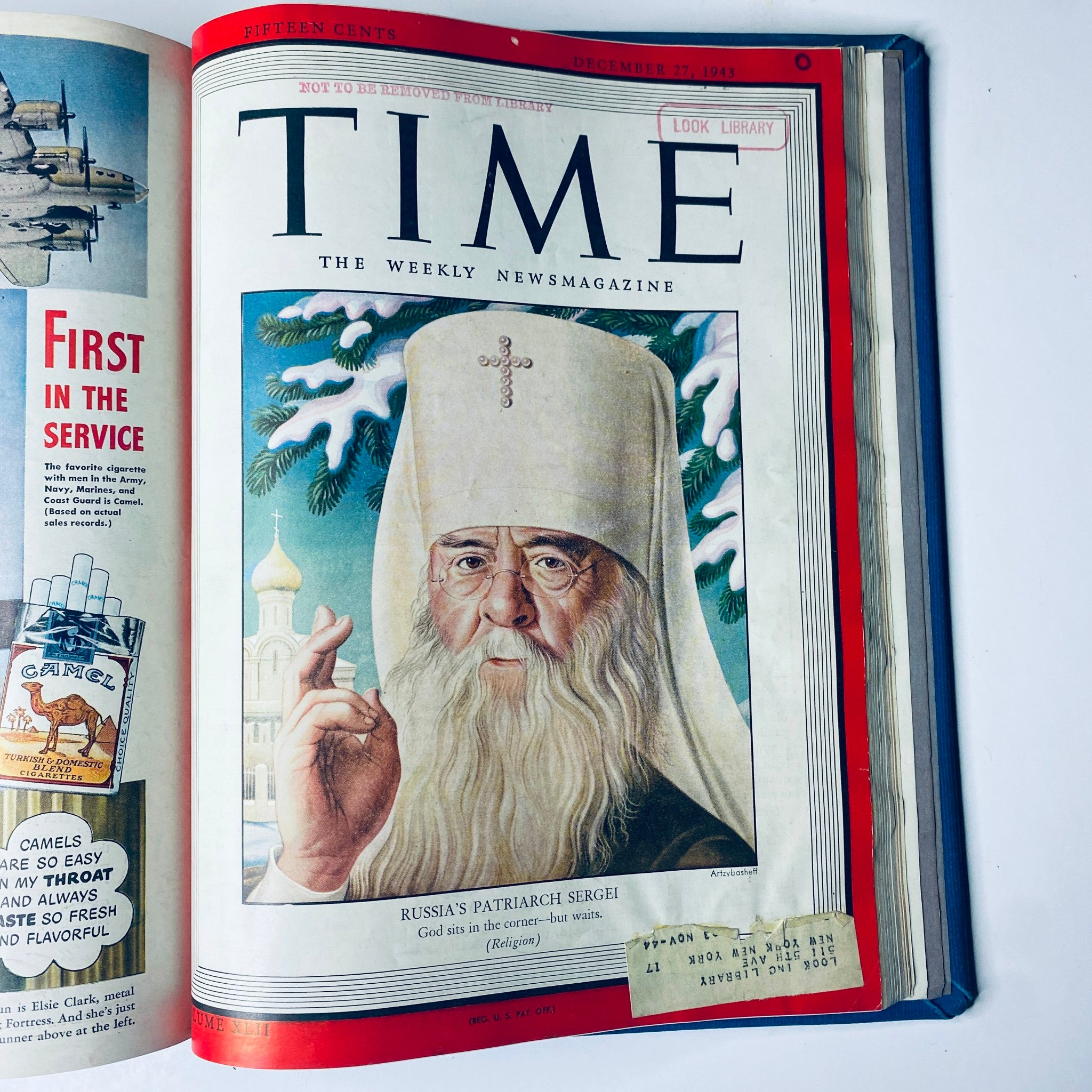 Cover of Time Magazine from December 27, 1943 with a portrayal of Patriarch Sergei of the Russian Orthodox Church. The magazine illustrates Sergei in religious attire against a winter backdrop. Title: Time Magazine Library Bound Weekly October 4, 1943 - December 27, 1943.