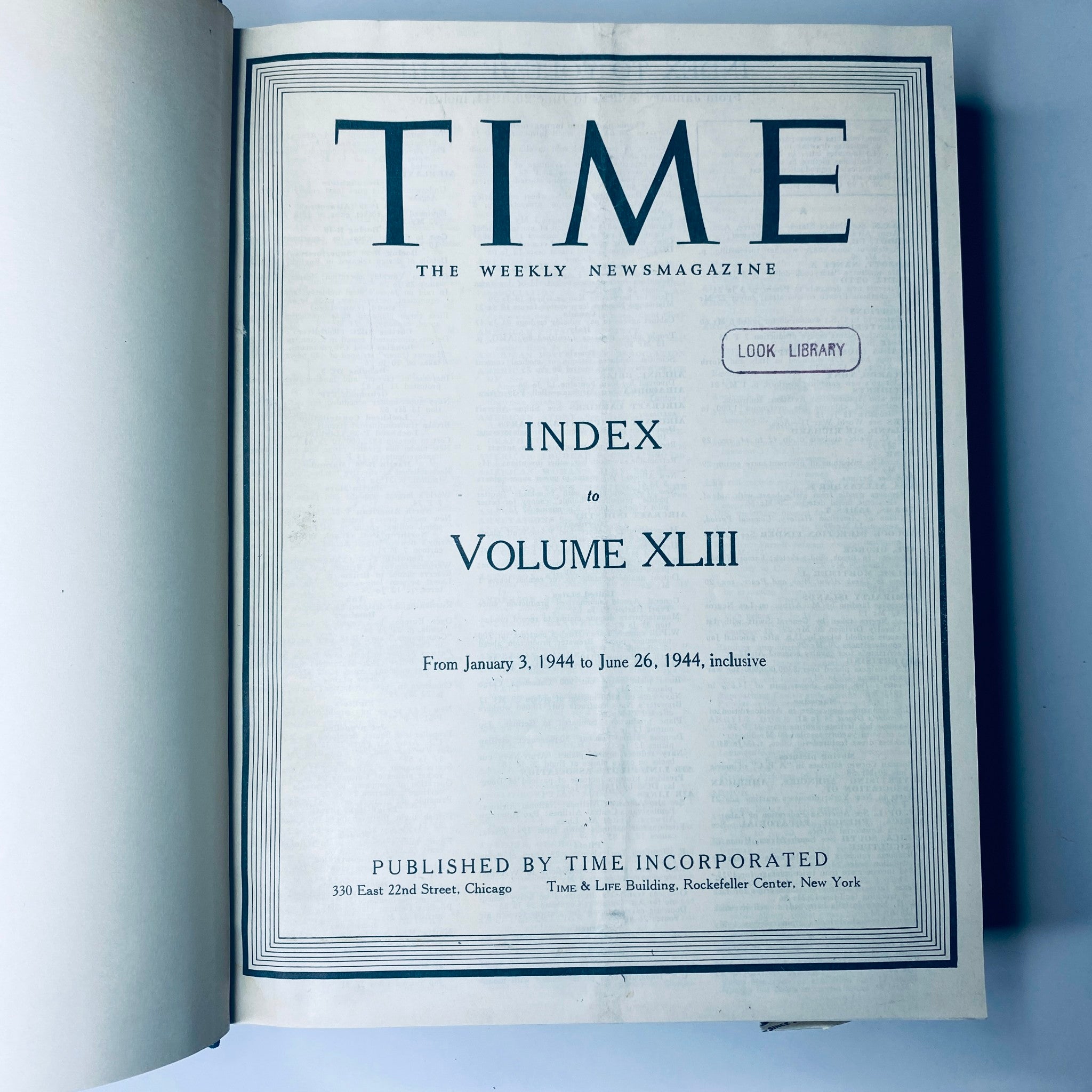 Index page of Time Library Bound Weekly Magazine – January 3 to March 27, 1944, detailing contents from Volume XLIII.