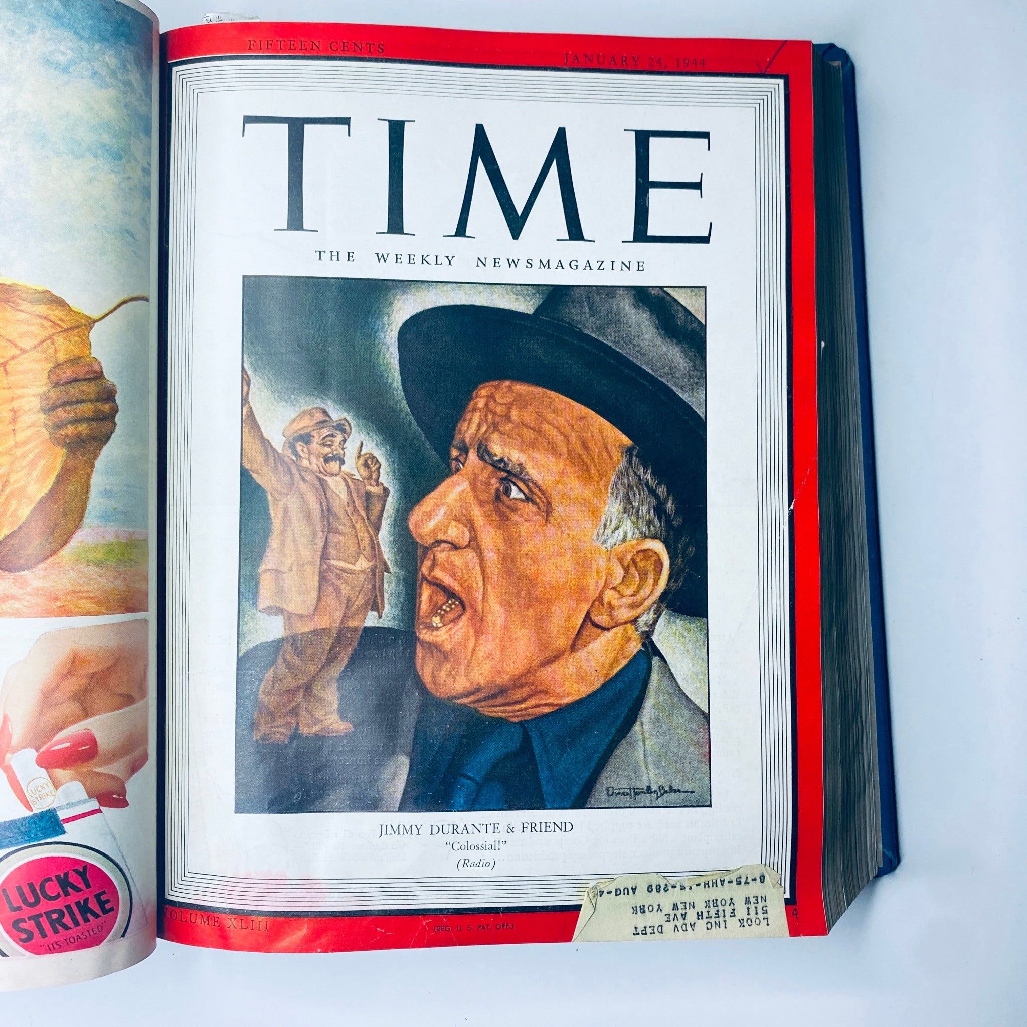 Cover of Time Library Bound Weekly Magazine – January 24, 1944, showcasing entertainer Jimmy Durante and friend.