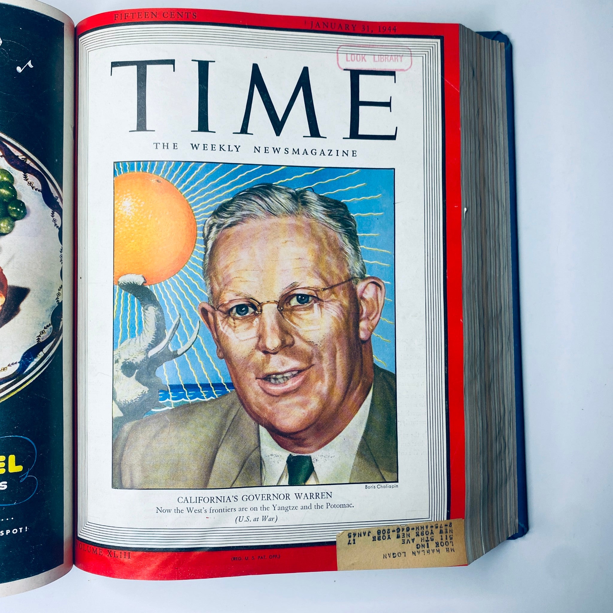 Cover of Time Library Bound Weekly Magazine – January 31, 1944, featuring Governor Earl Warren of California.