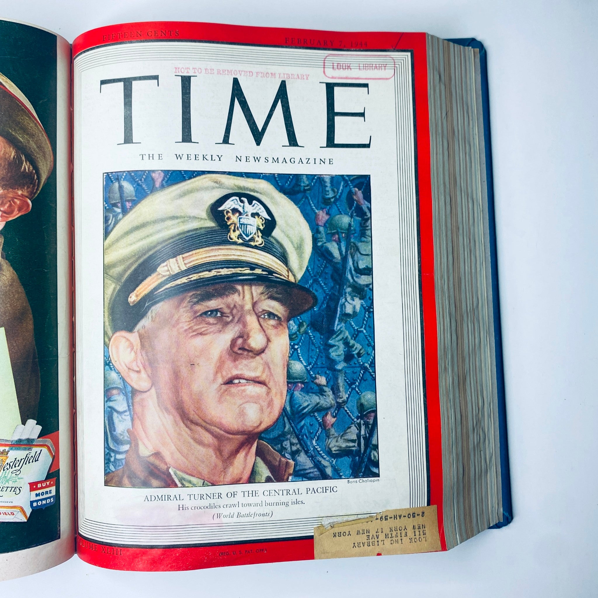 Cover page of Time Library Bound Weekly Magazine featuring Admiral Turner of the Central Pacific; dated February 7, 1944. Highlights wartime events and figures of World War II.