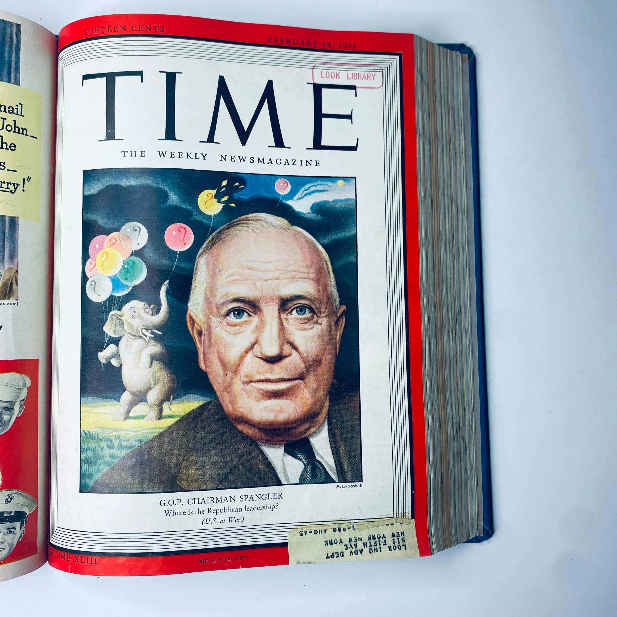 Cover page of Time Library Bound Weekly Magazine featuring GOP Chairman Spangler; dated February 14, 1944. Captures the political landscape during World War II.