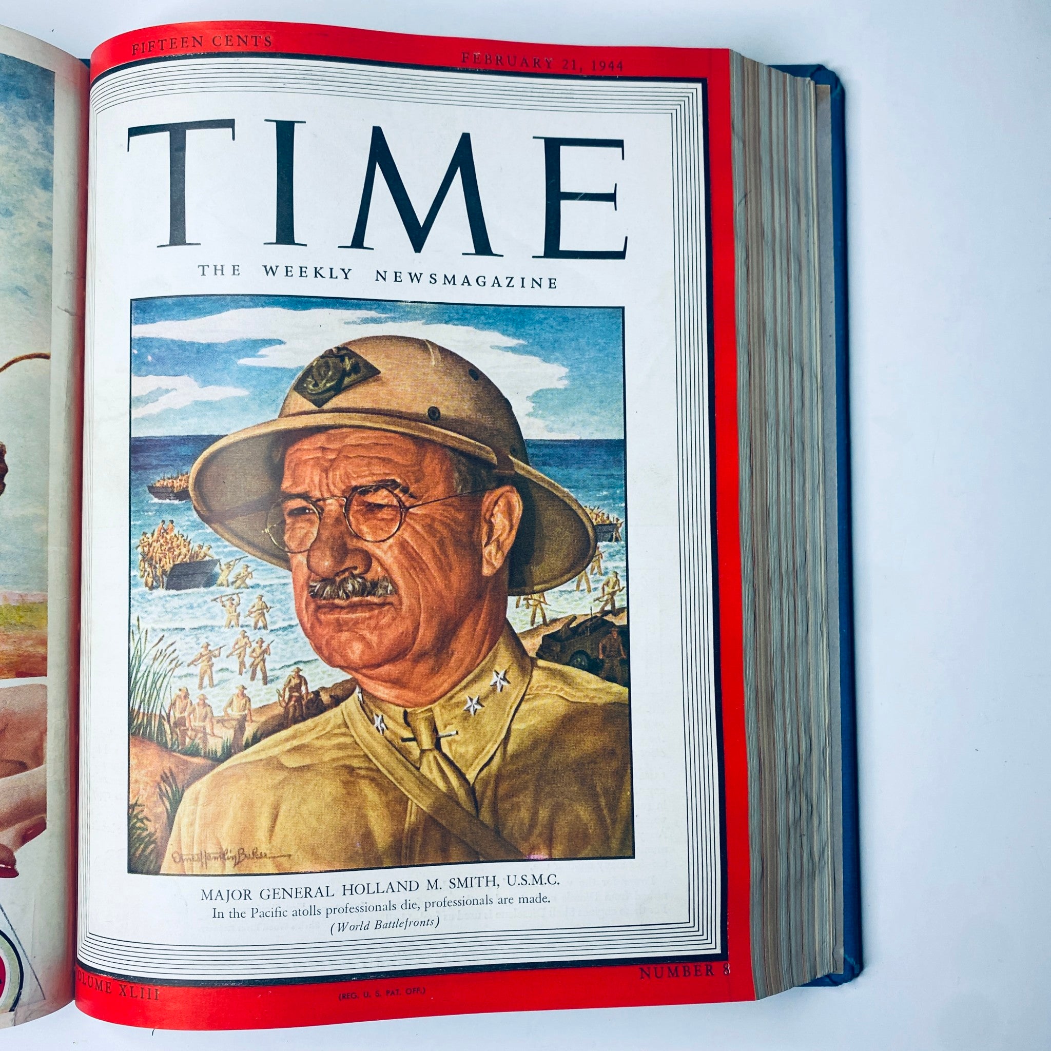 Cover page of Time Library Bound Weekly Magazine featuring Major General Holland M. Smith, U.S.M.C.; dated February 21, 1944. Showcases military leadership during World War II.