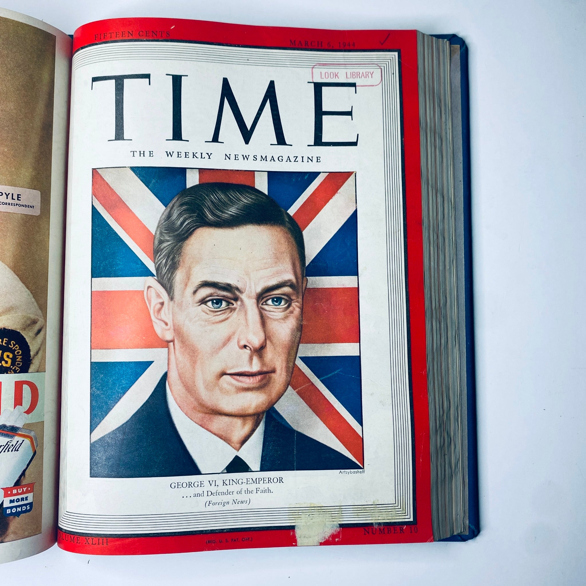 Cover page of Time Library Bound Weekly Magazine featuring King George VI of Great Britain; dated March 6, 1944. Highlights royal involvement during World War II.