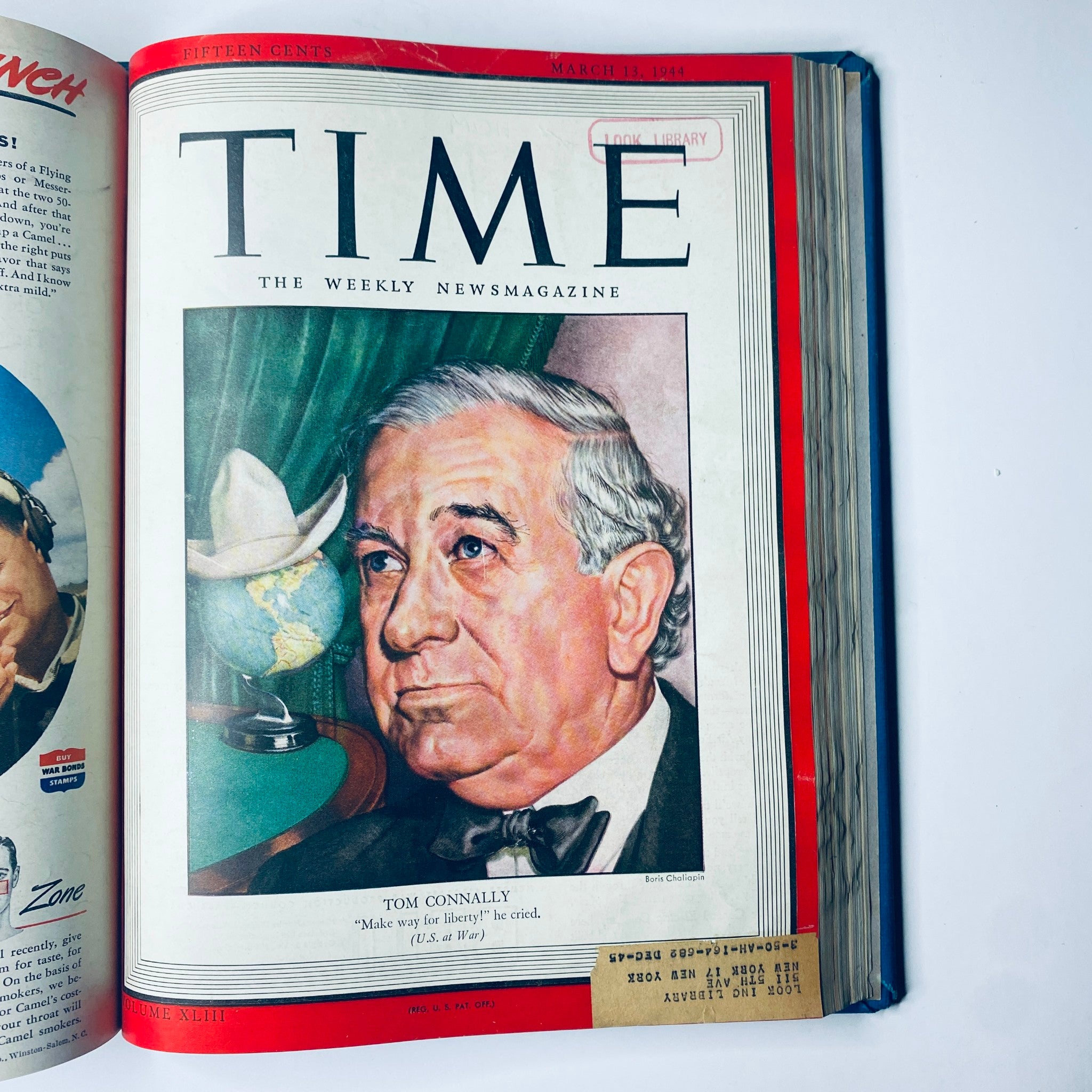 Cover of the Time Library Bound Weekly Magazine from March 13, 1944, featuring a portrait of Tom Connally with a globe in the background, part of the collection from January 3 to March 27, 1944.