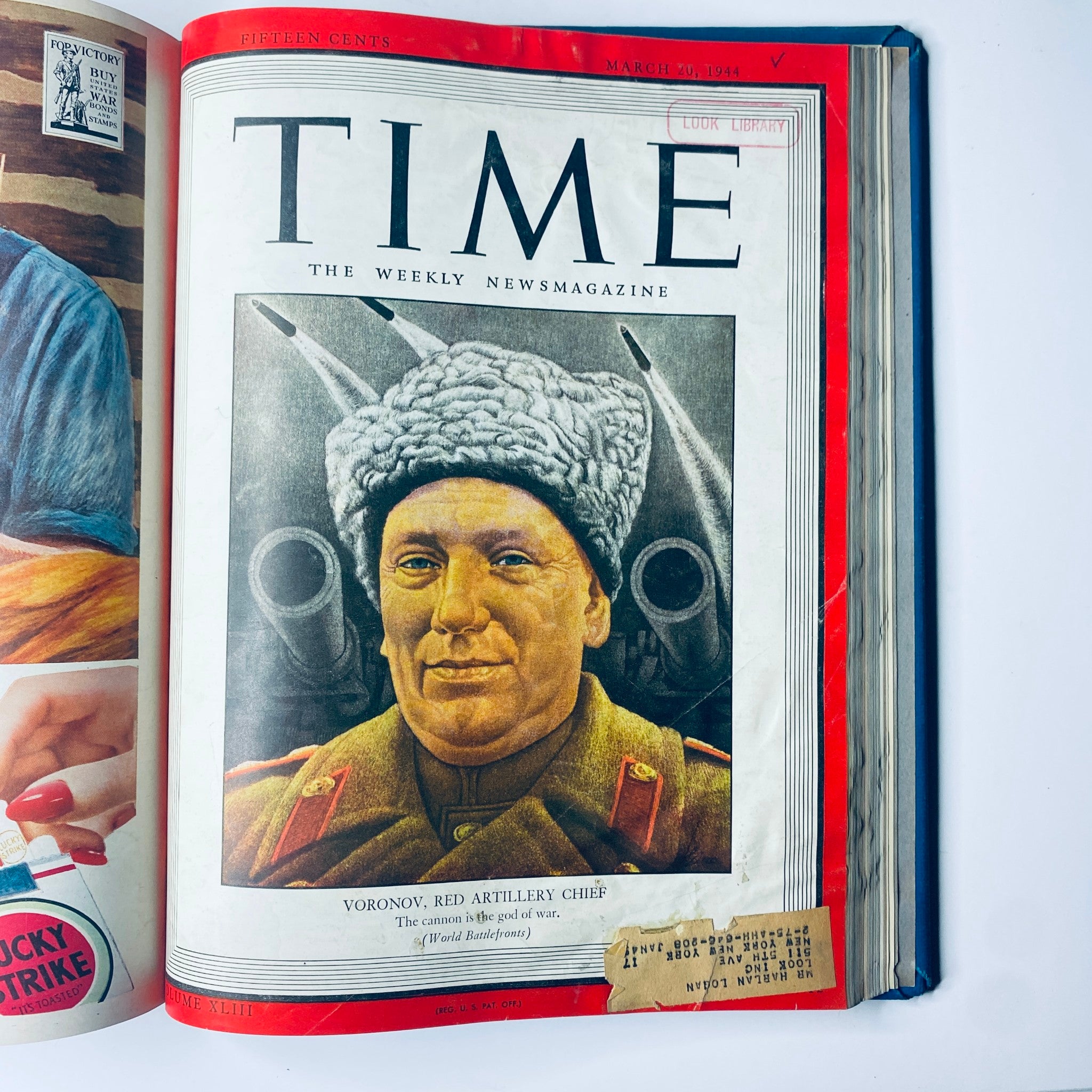 Cover of the Time Library Bound Weekly Magazine from March 20, 1944, showcasing Voronov, Red Artillery Chief, with artillery guns in the backdrop, part of the collection from January 3 to March 27, 1944.