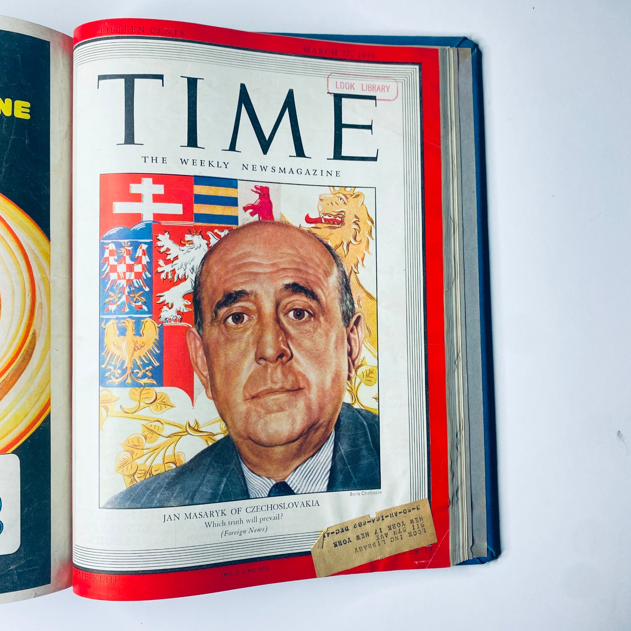 Cover of the Time Library Bound Weekly Magazine from March 27, 1944, displaying Jan Masaryk of Czechoslovakia against a backdrop of national symbols, part of the collection from January 3 to March 27, 1944.