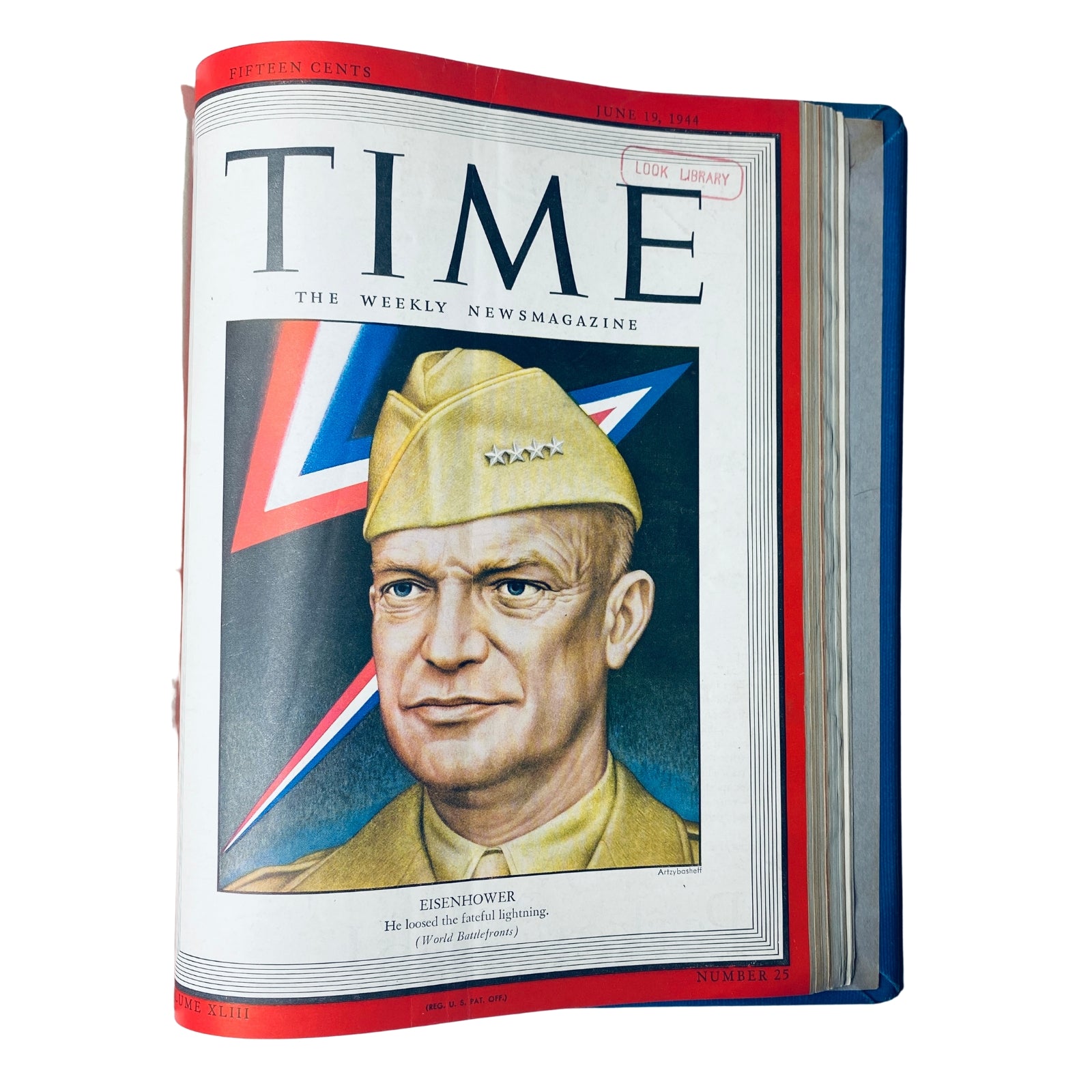 Time Magazine Library Bound Weekly from April 3 to June 26, 1944, featuring a cover portrait of General Dwight D. Eisenhower, with bold colors and graphics, highlighting his leadership during World War II.