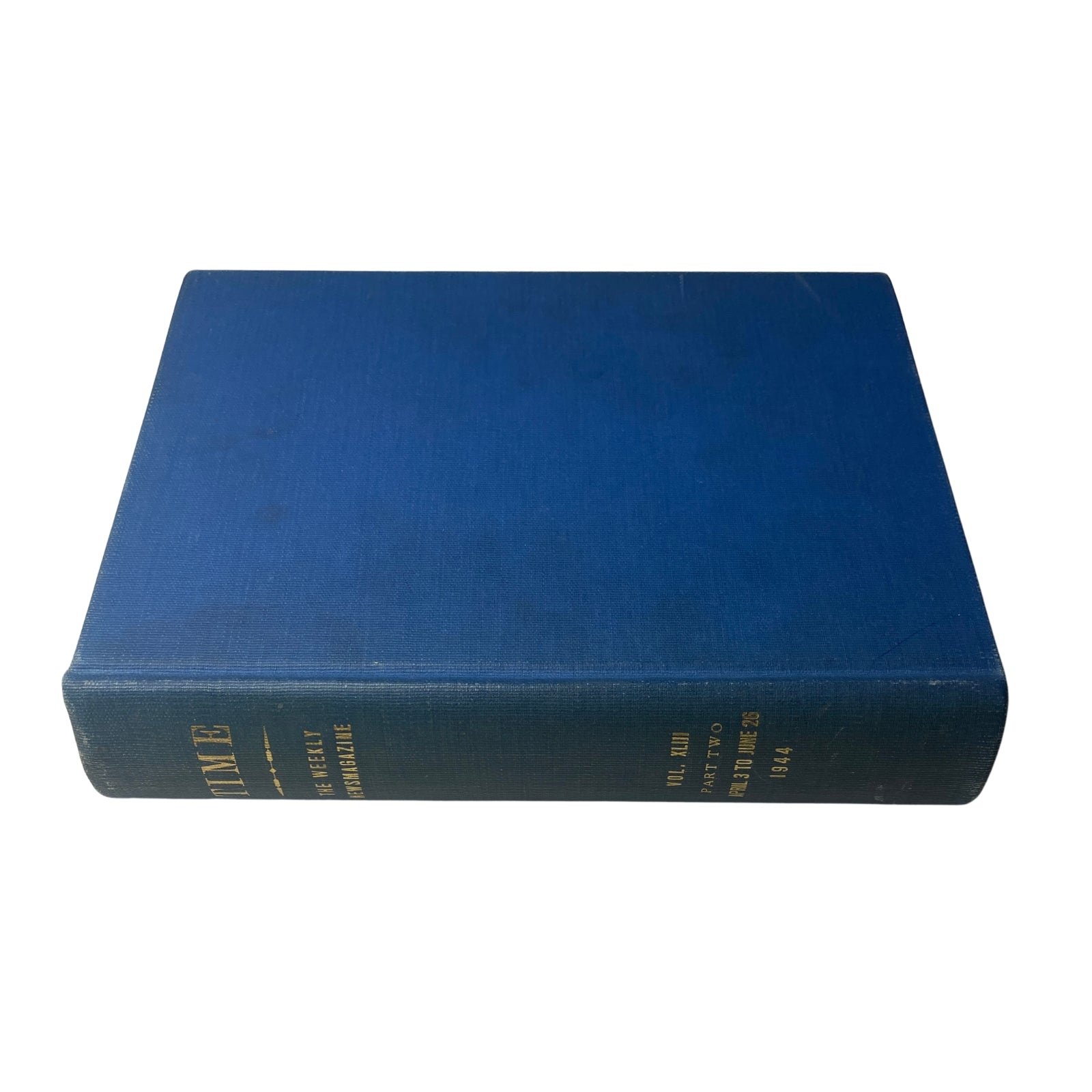 The top view of the blue hardcover volume of Time Magazine Library Bound Weekly, encompassing editions from April 3 to June 26, 1944, showcasing a sturdy and preserved binding.