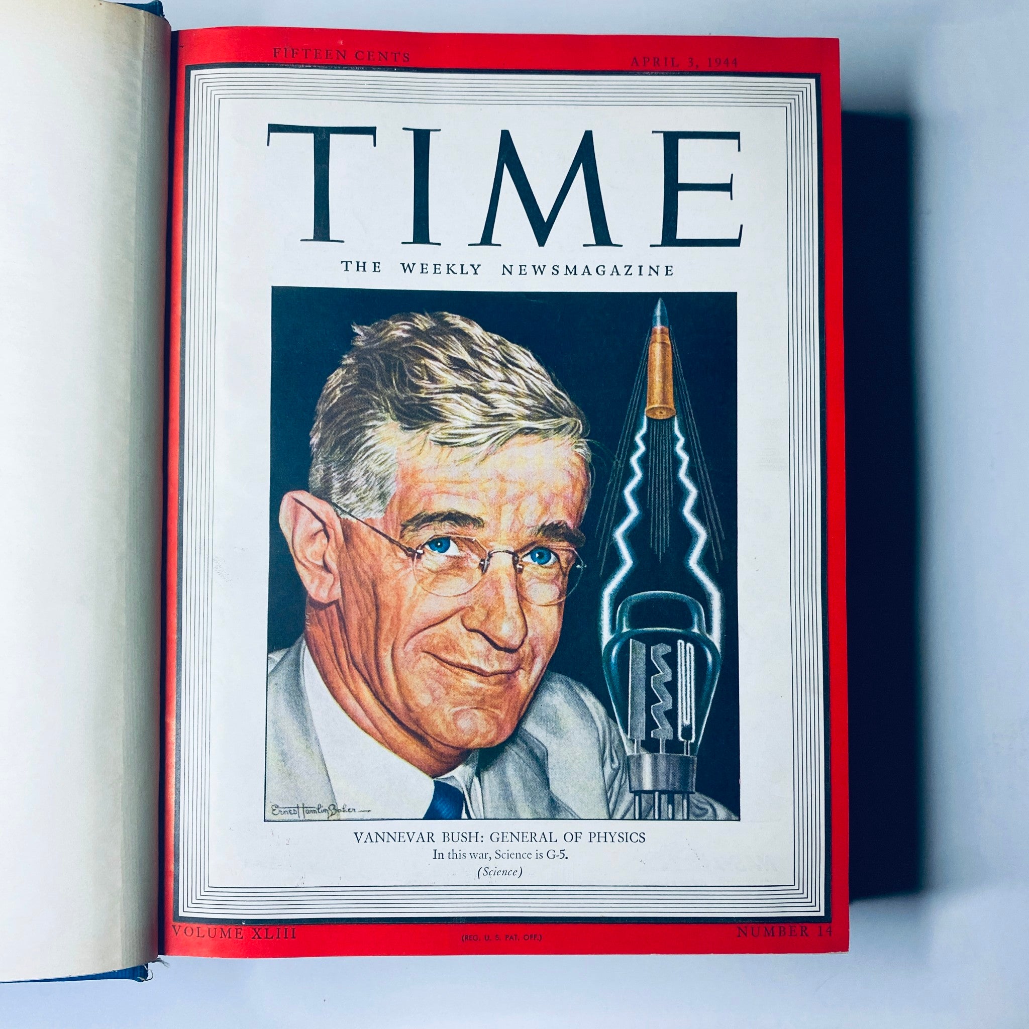 Cover page of the Time Magazine dated April 3, 1944, featuring Vannevar Bush, General of Physics, as the cover story for 'Time Library Bound Weekly April 3, 1944 - June 26, 1944'.