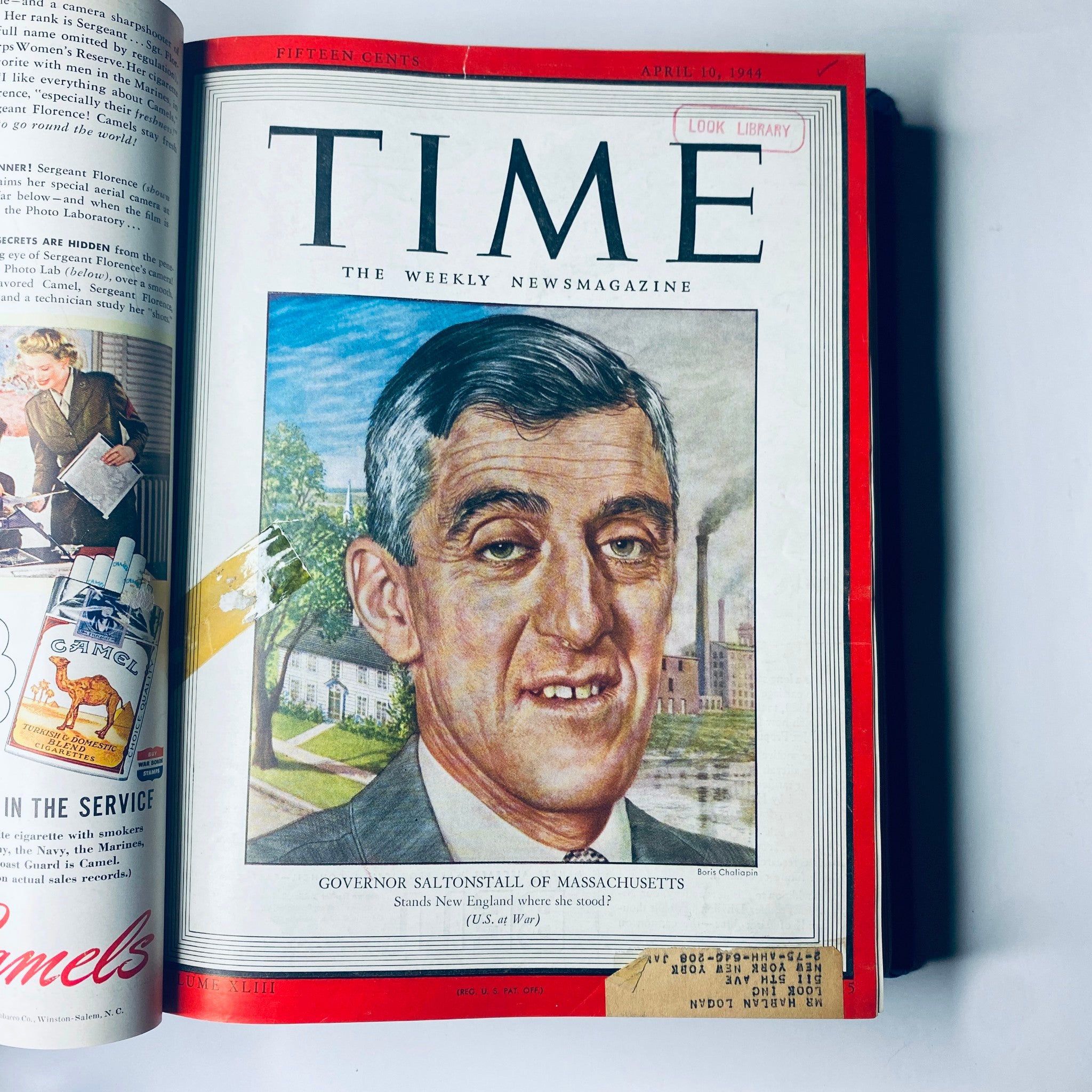 Cover page of the Time Magazine dated April 10, 1944, showcasing Governor Leverett Saltonstall of Massachusetts, included in the Time Library Bound Weekly April 3, 1944 - June 26, 1944.
