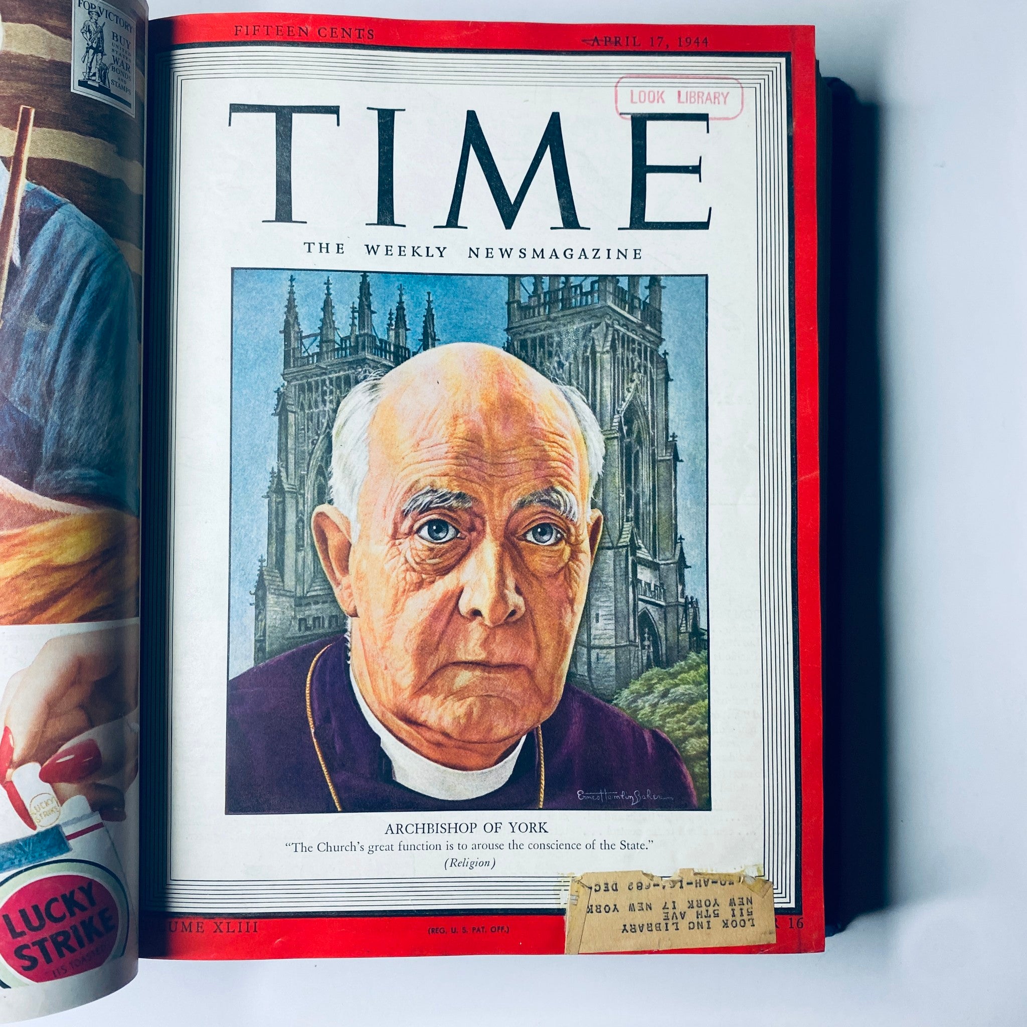 Cover of Time Magazine Library Bound Weekly April 3, 1944 - June 26, 1944 featuring Archbishop of York, April 17, 1944 edition. The cover highlights the quote: 'The Church’s great function is to arouse the conscience of the State.' Background includes a historical church.