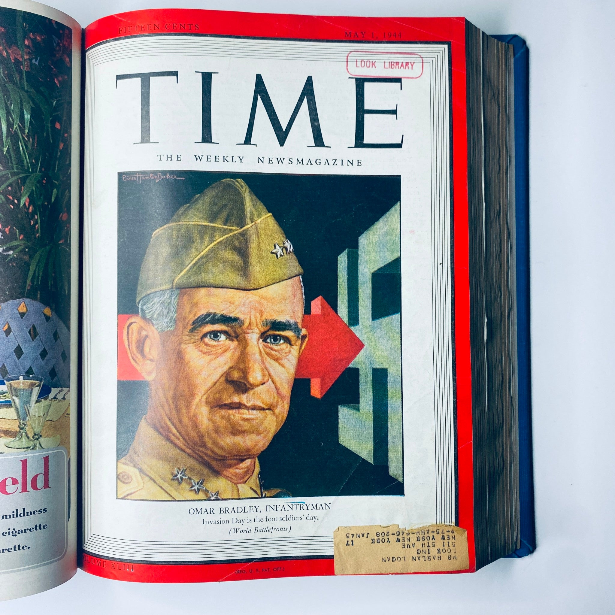 Cover of Time Magazine Library Bound Weekly April 3, 1944 - June 26, 1944 featuring General Omar Bradley from the May 1, 1944 issue. The cover image portrays Bradley in military attire along with thematic elements related to World War II.