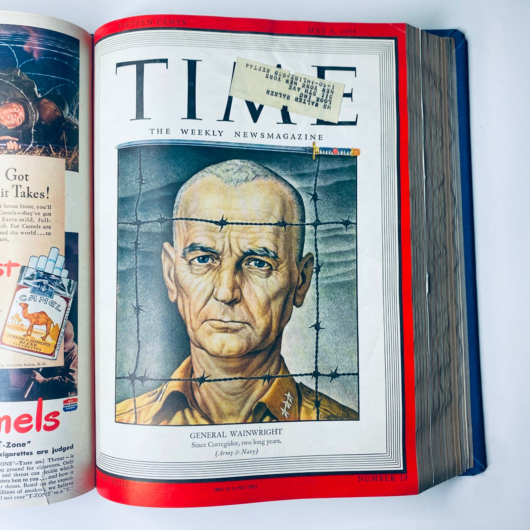 Cover of Time Magazine Library Bound Weekly April 3, 1944 - June 26, 1944 featuring General Jonathan Wainwright from the May 8, 1944 edition. The art illustrates Wainwright against a backdrop that signifies his prominent role during World War II.