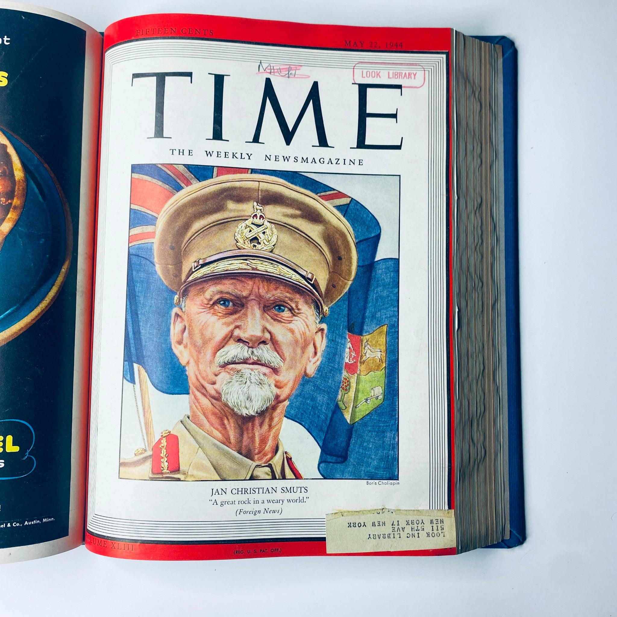 Time Magazine cover featuring Jan Christian Smuts, May 22, 1944. The cover illustrates the South African leader against a backdrop of flags. Part of the Time Library Bound Weekly from April to June 1944.