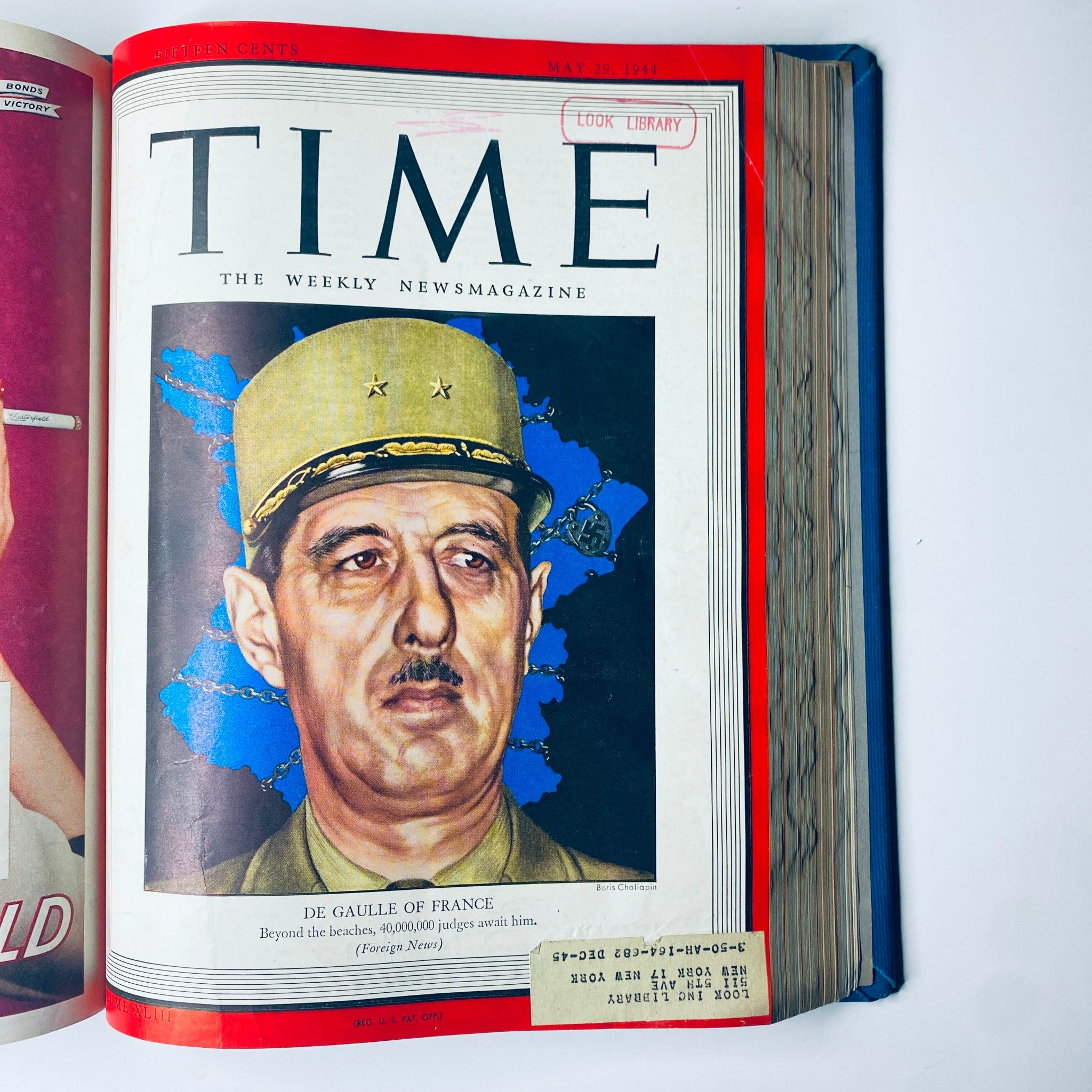 Time Magazine cover featuring Charles de Gaulle, May 29, 1944. The cover portrays the French leader with a map background highlighting his significance. Part of the Time Library Bound Weekly from April to June 1944.