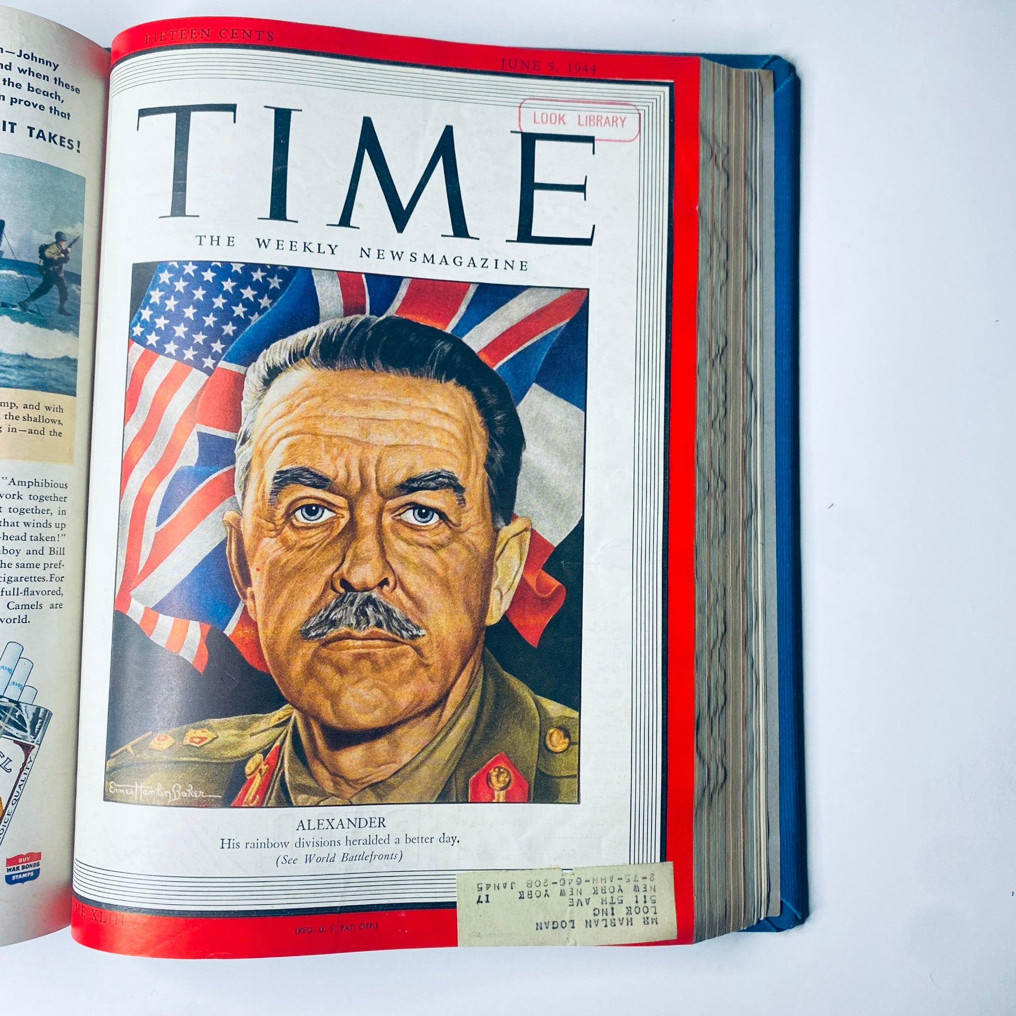 Time Magazine cover featuring General Harold Alexander, June 5, 1944. The cover showcases the military leader surrounded by flags, emphasizing his role during World War II. Part of the Time Library Bound Weekly from April to June 1944.